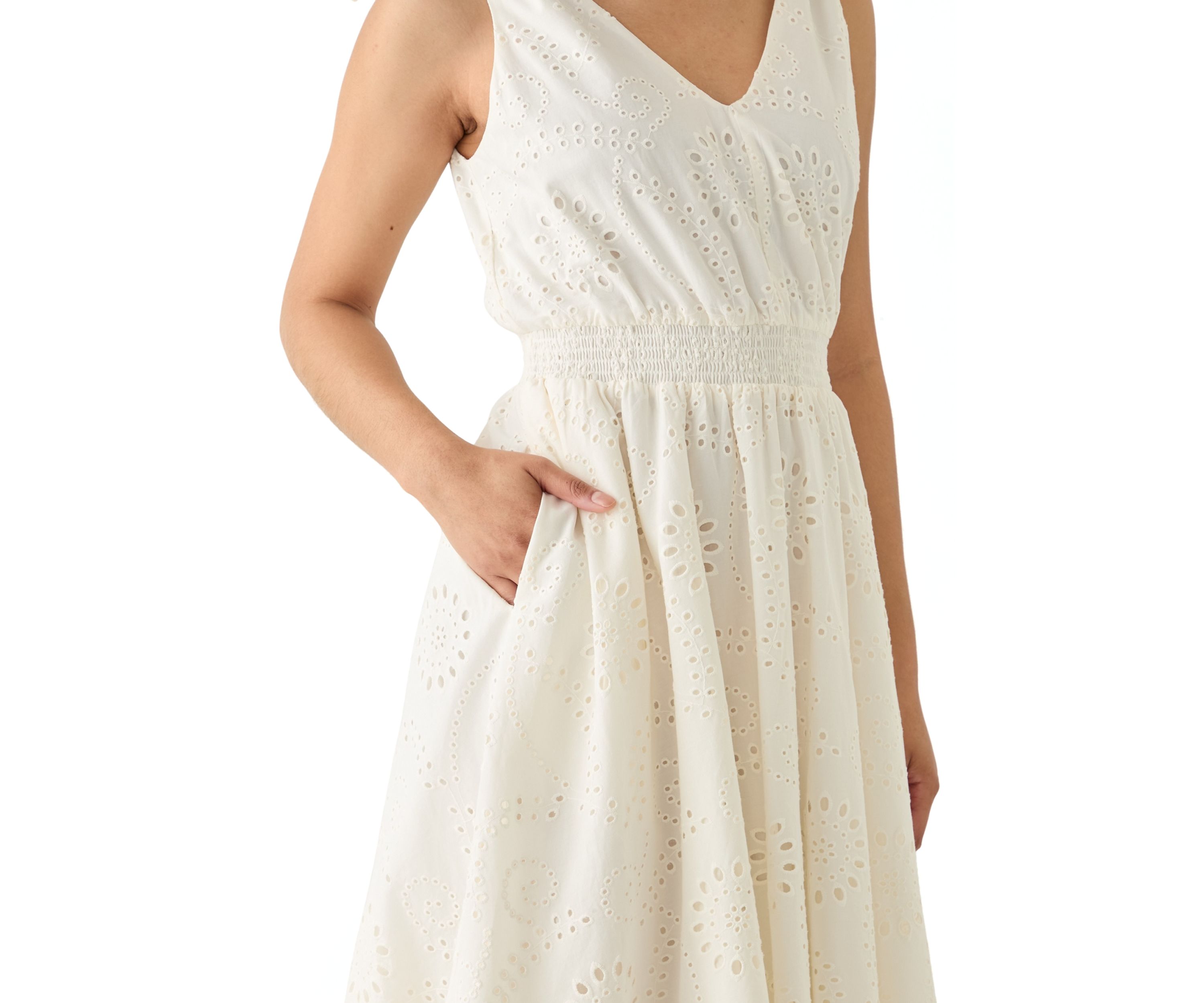 Womens Sleeveless Fit and Flare Eyelet Dress