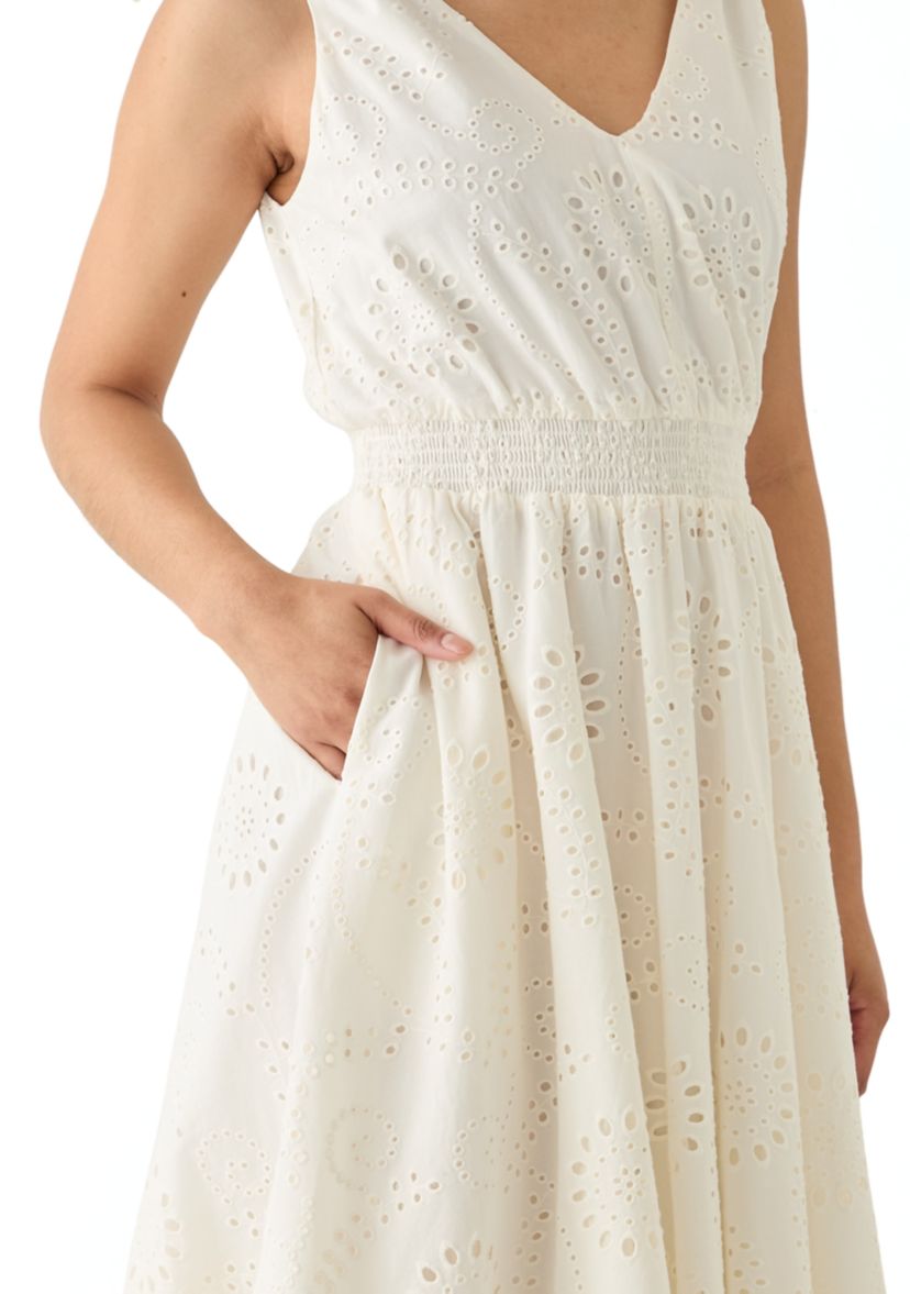 Womens Sleeveless Fit and Flare Eyelet Dress