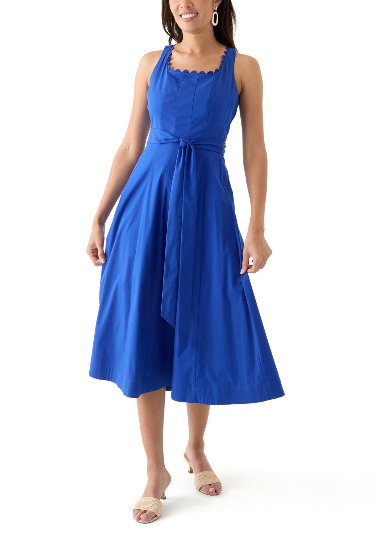 Womens Smocked Scalloped Fit and Flare Dress