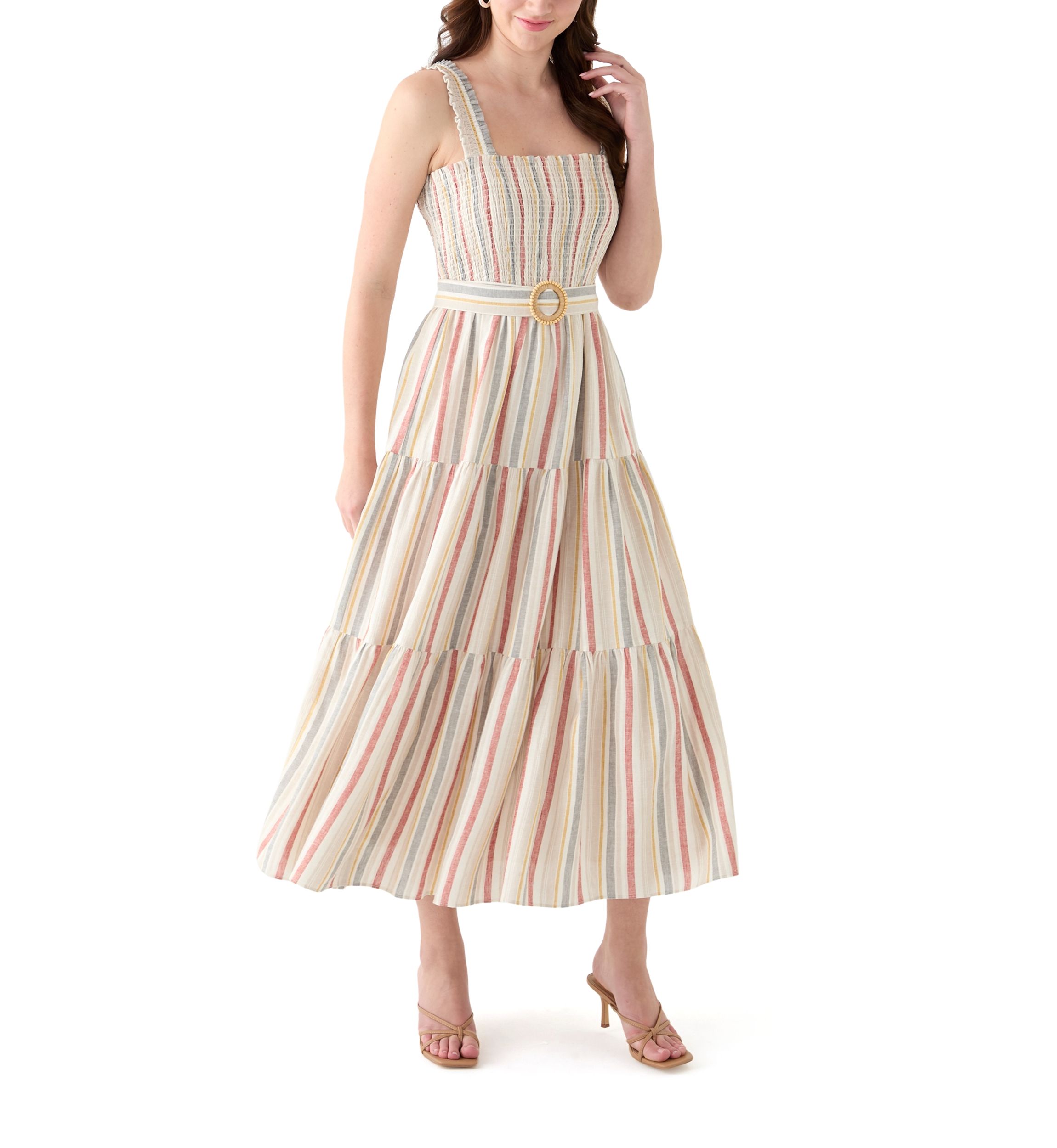 Womens Sleeveless Square Neck Smocked A-Line Dress