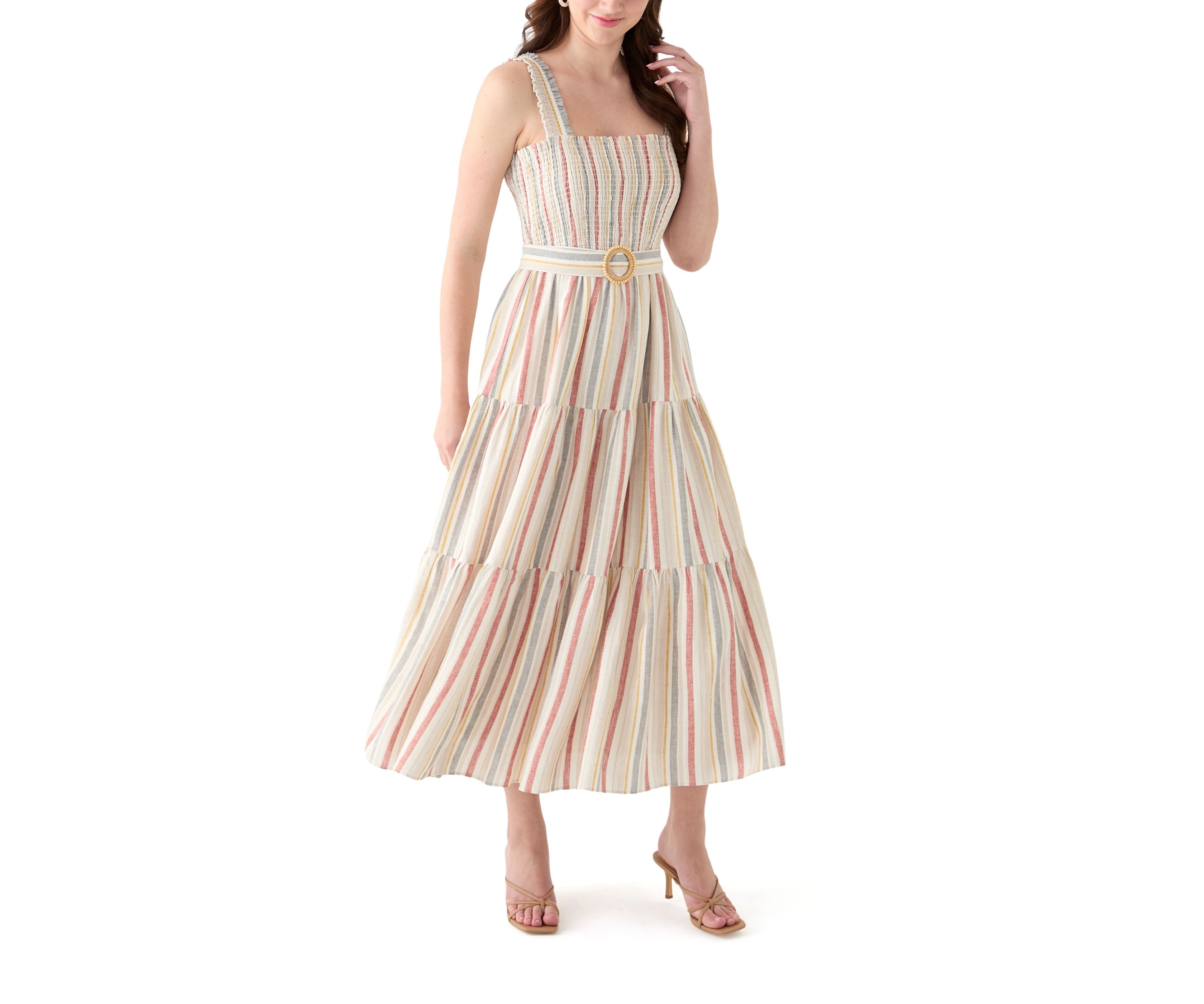 Womens Sleeveless Square Neck Smocked A-Line Dress