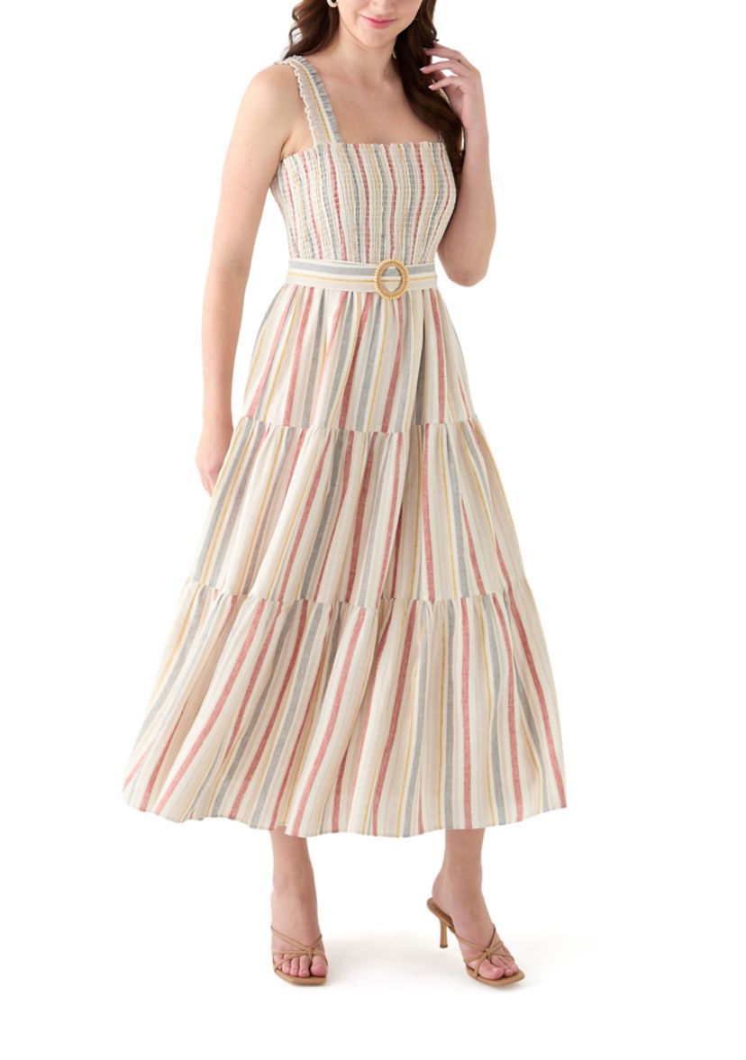 Womens Sleeveless Square Neck Smocked A-Line Dress