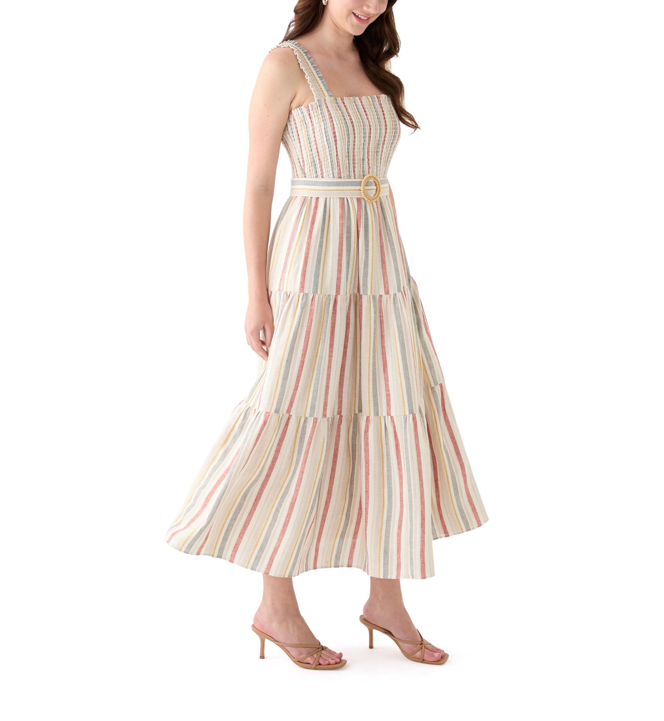 Womens Sleeveless Square Neck Smocked A-Line Dress