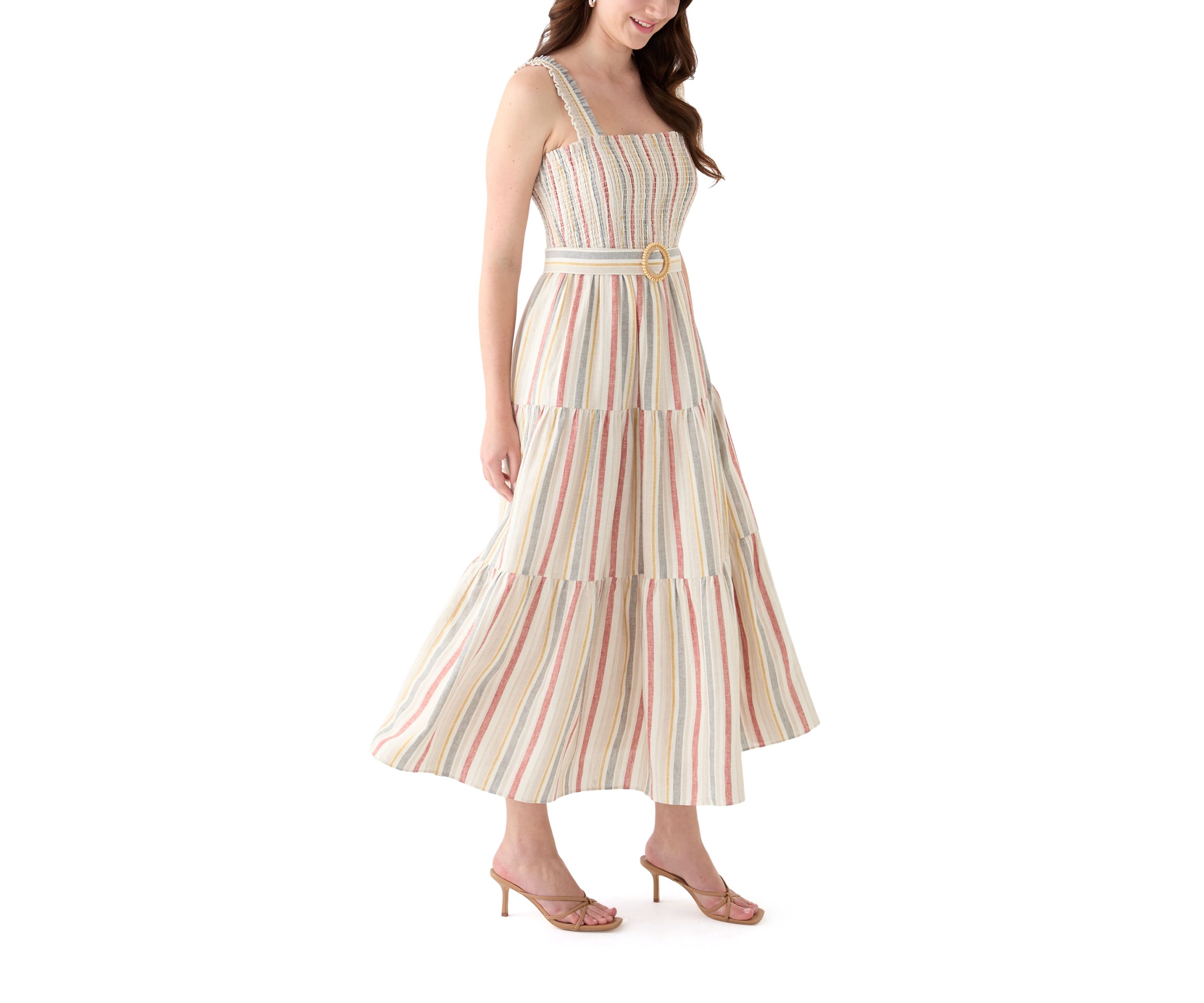 Womens Sleeveless Square Neck Smocked A-Line Dress