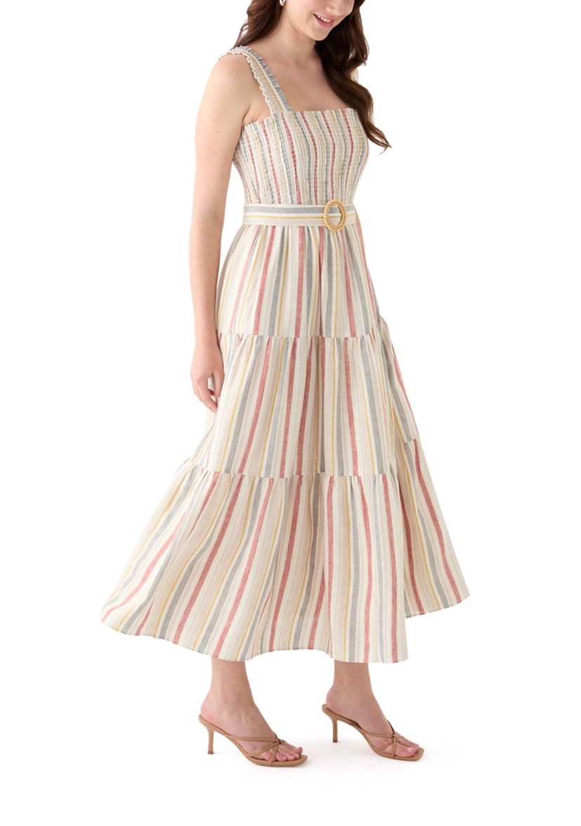 Womens Sleeveless Square Neck Smocked A-Line Dress