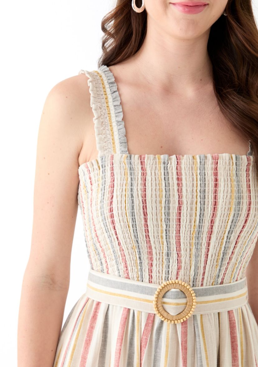 Womens Sleeveless Square Neck Smocked A-Line Dress