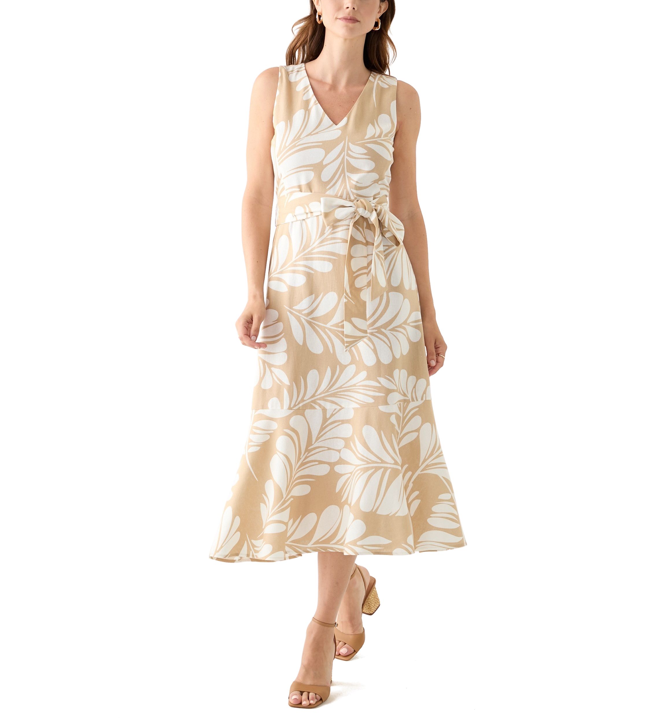 Womens Sleeveless V-Neck Leaf Print Midi Dress