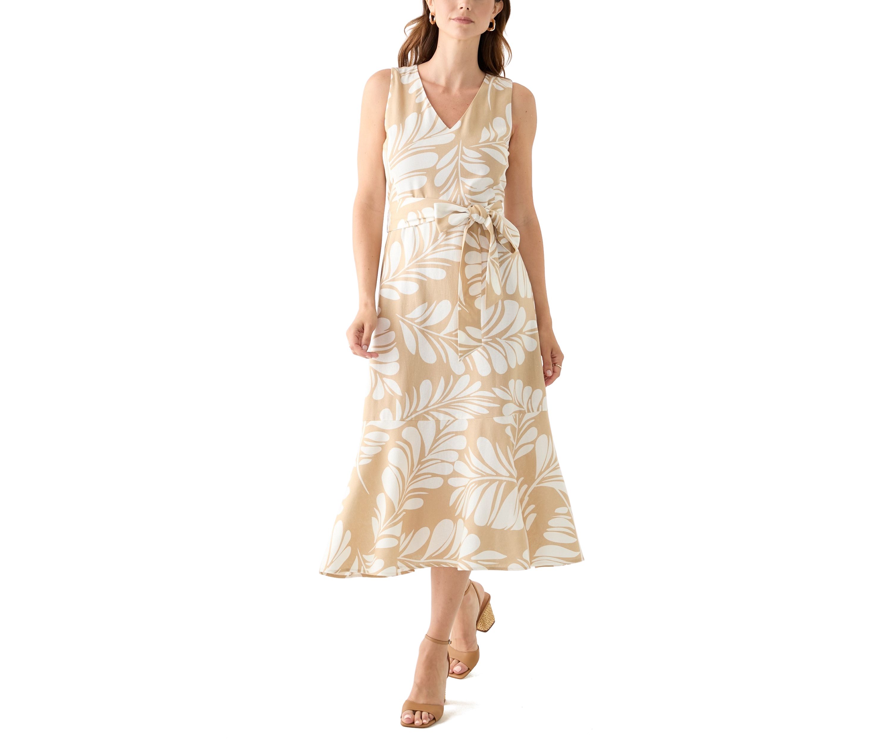 Womens Sleeveless V-Neck Leaf Print Midi Dress