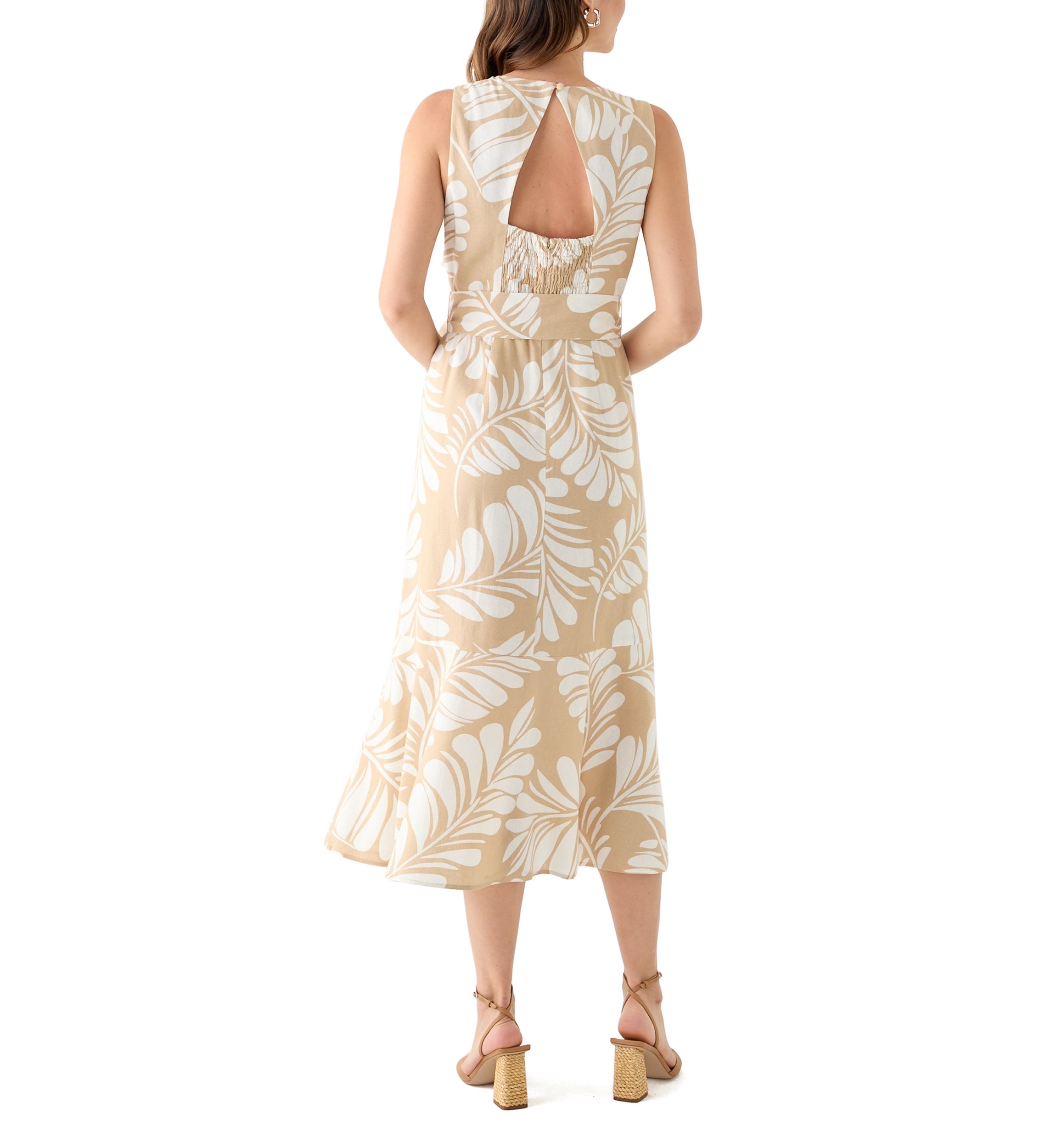 Womens Sleeveless V-Neck Leaf Print Midi Dress