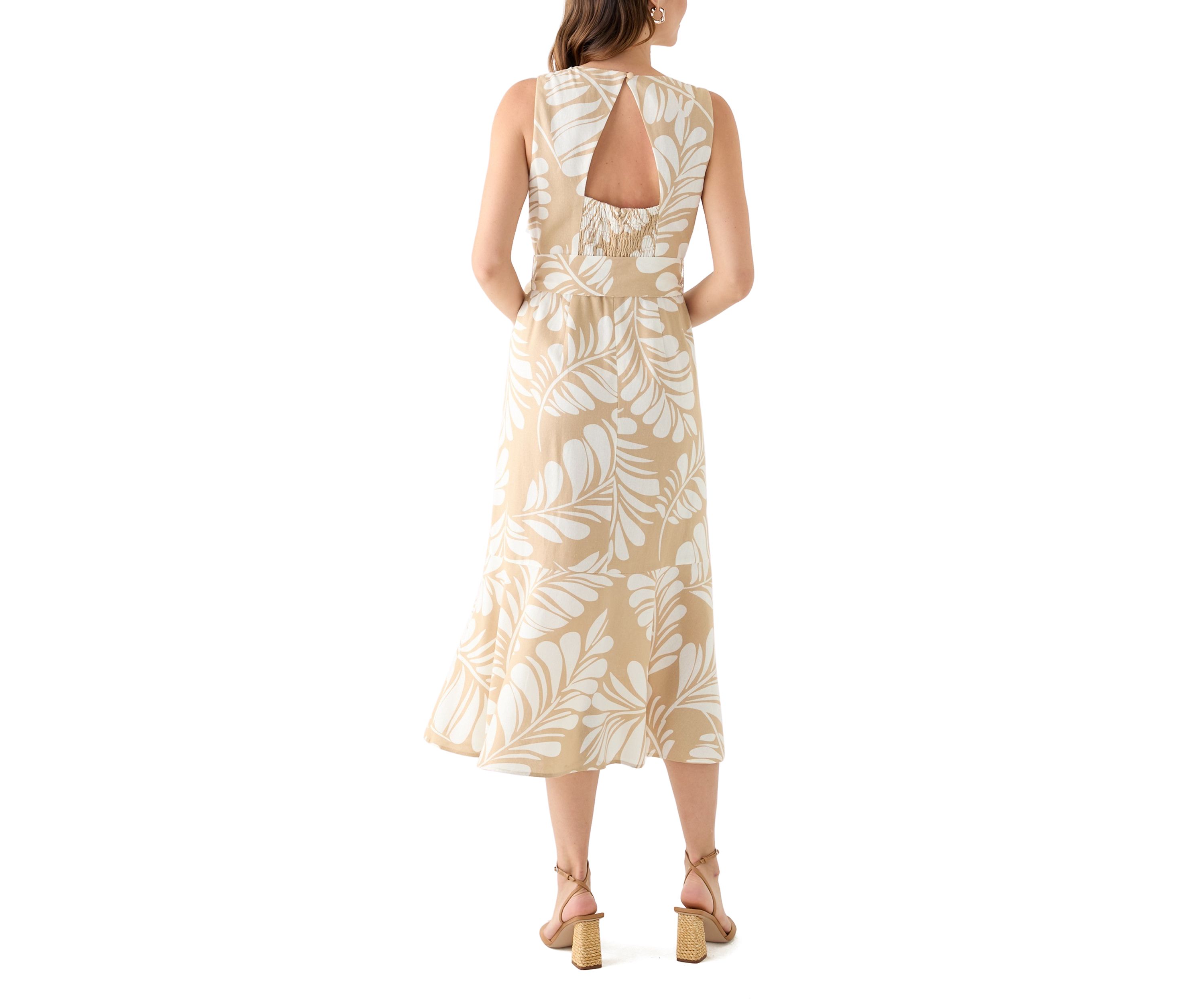 Womens Sleeveless V-Neck Leaf Print Midi Dress