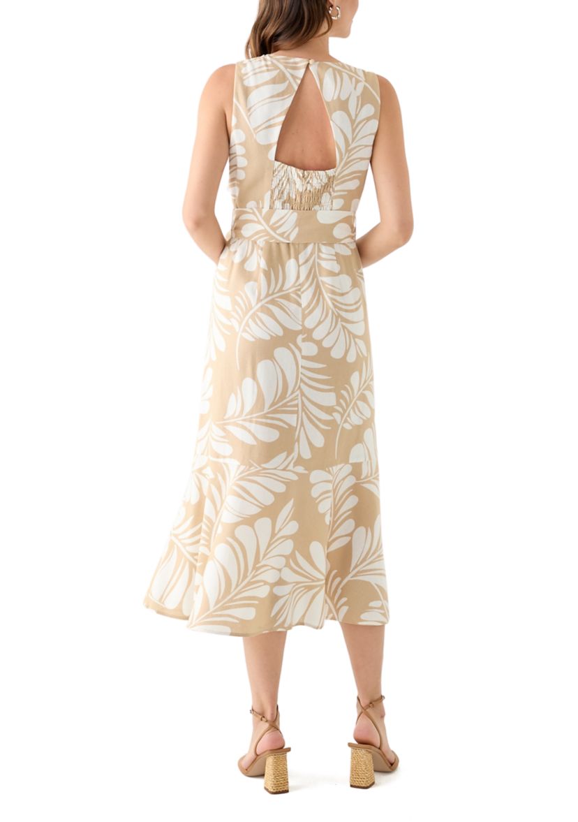 Womens Sleeveless V-Neck Leaf Print Midi Dress