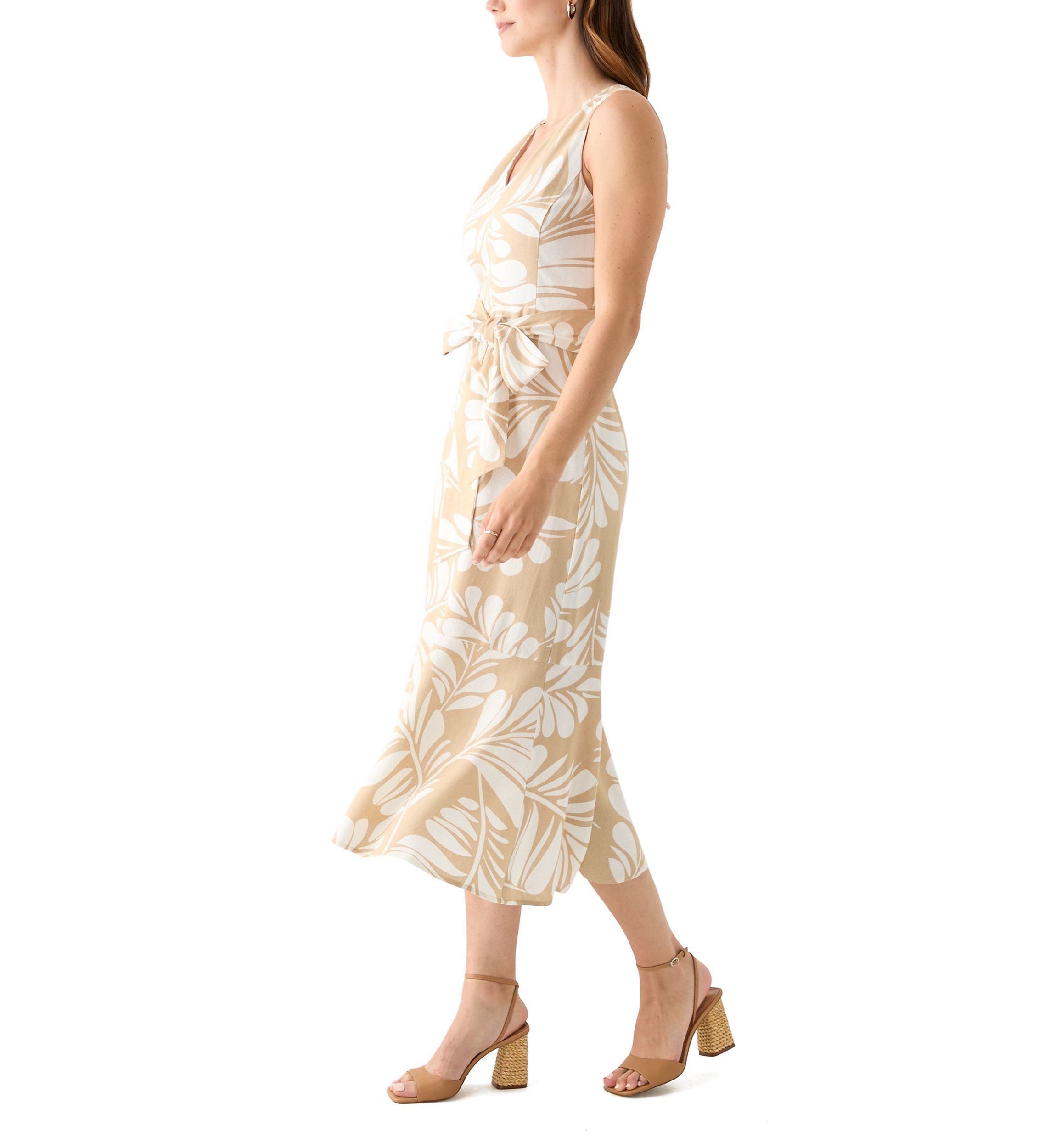 Womens Sleeveless V-Neck Leaf Print Midi Dress
