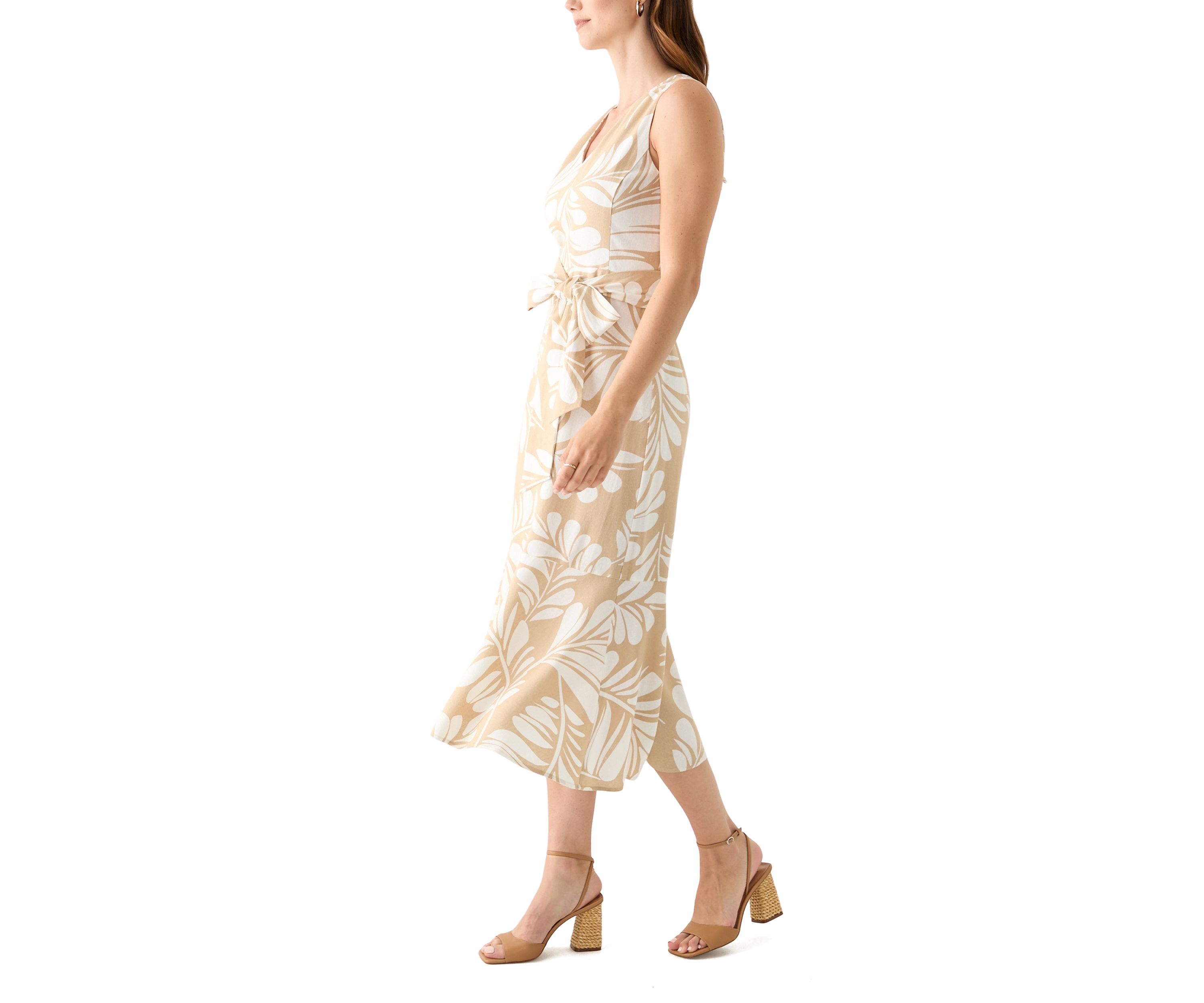 Womens Sleeveless V-Neck Leaf Print Midi Dress