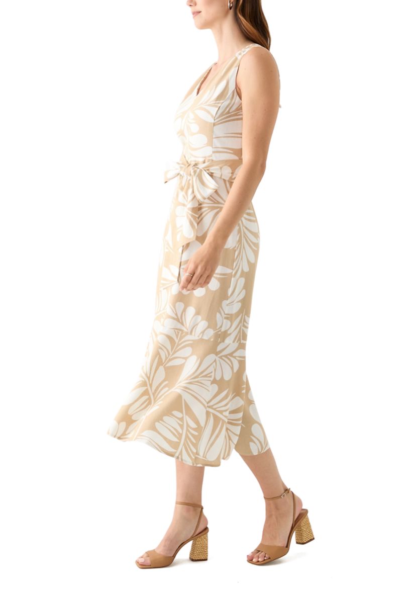 Womens Sleeveless V-Neck Leaf Print Midi Dress
