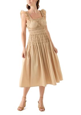 Anne Klein Women's Flutter Sleeve Square Neck Smocked A-Line Dress, Tan, 16
