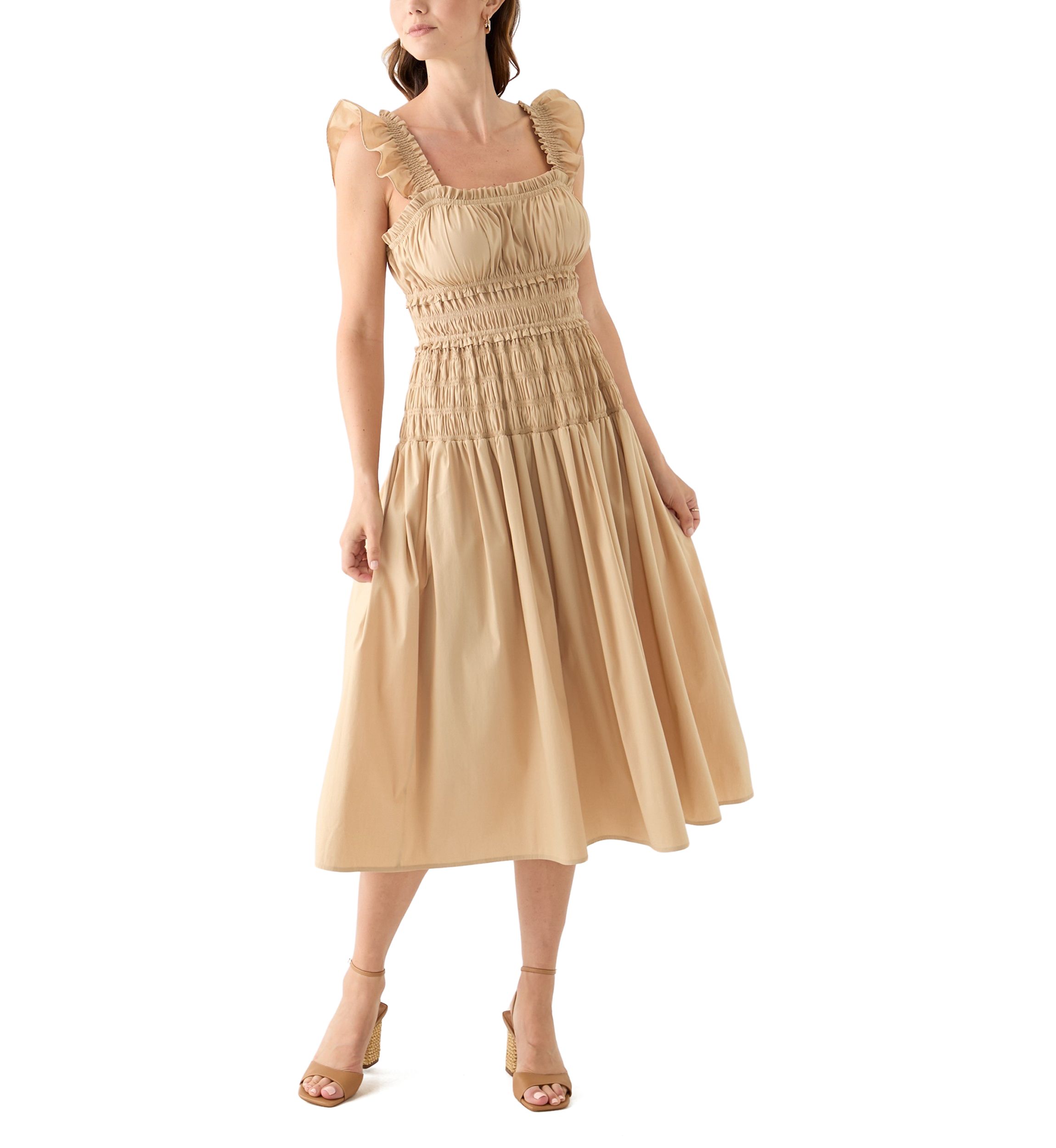 Womens Flutter Sleeve Square Neck Smocked A-Line Dress