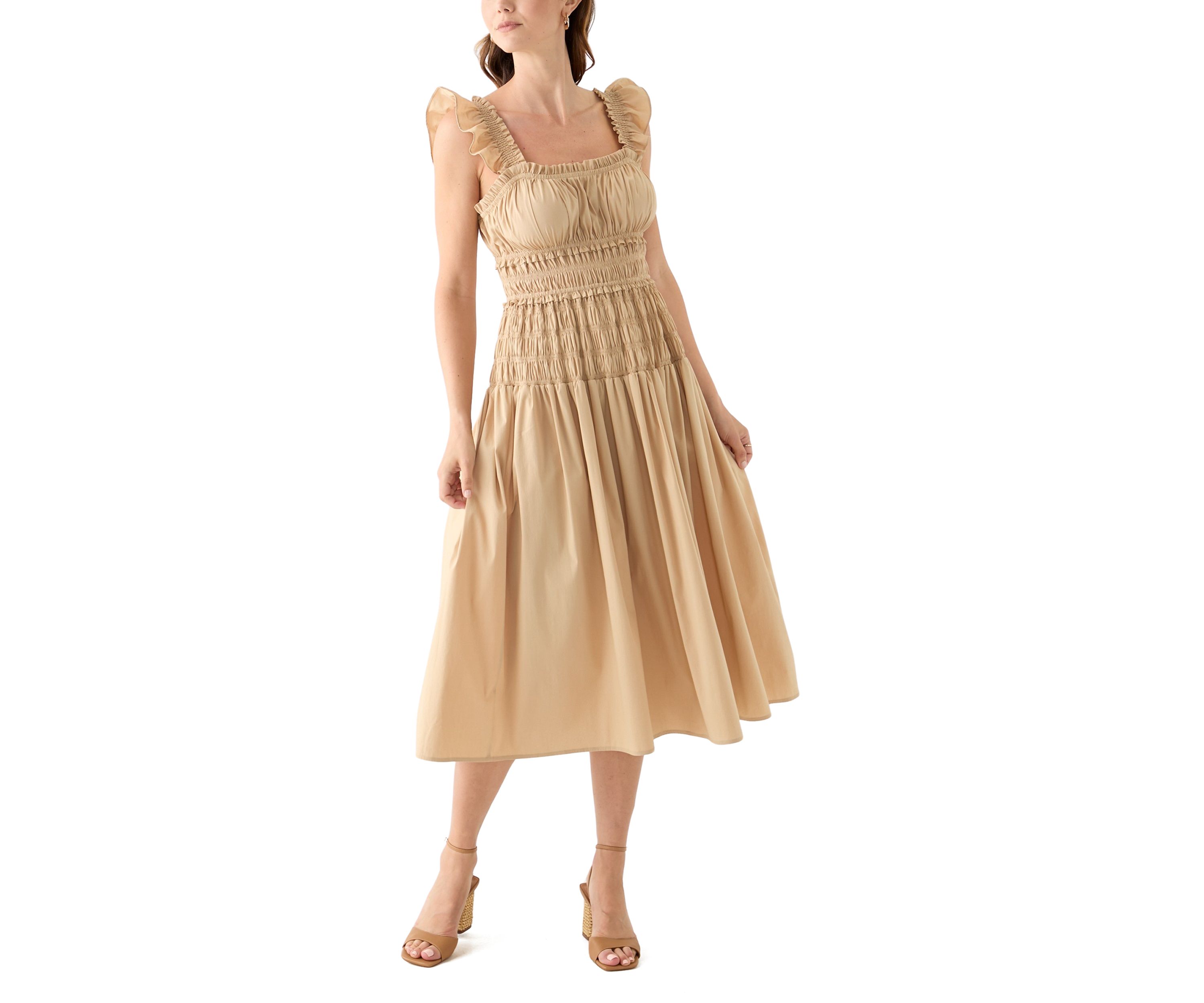 Womens Flutter Sleeve Square Neck Smocked A-Line Dress
