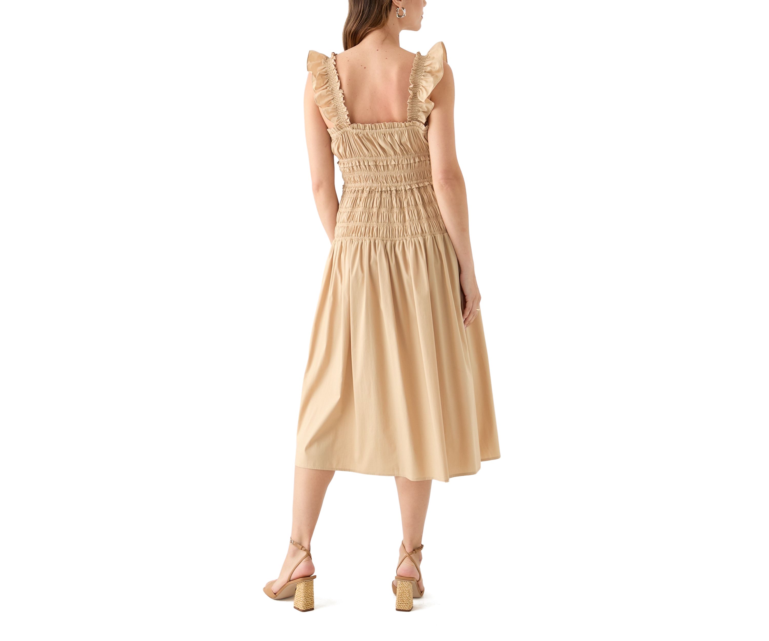 Womens Flutter Sleeve Square Neck Smocked A-Line Dress