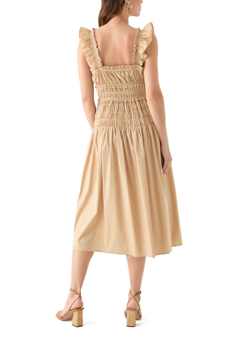 Womens Flutter Sleeve Square Neck Smocked A-Line Dress