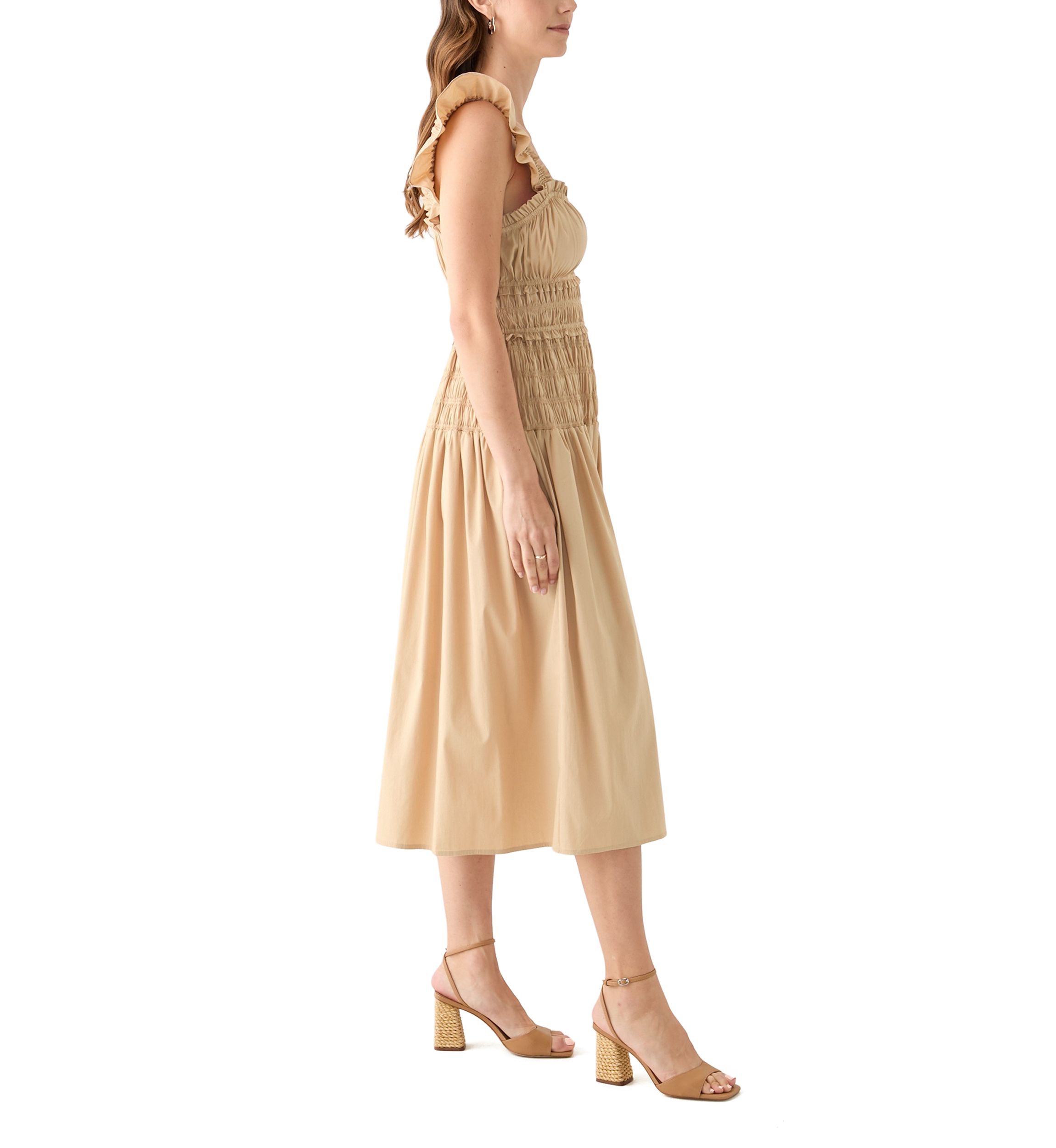 Womens Flutter Sleeve Square Neck Smocked A-Line Dress