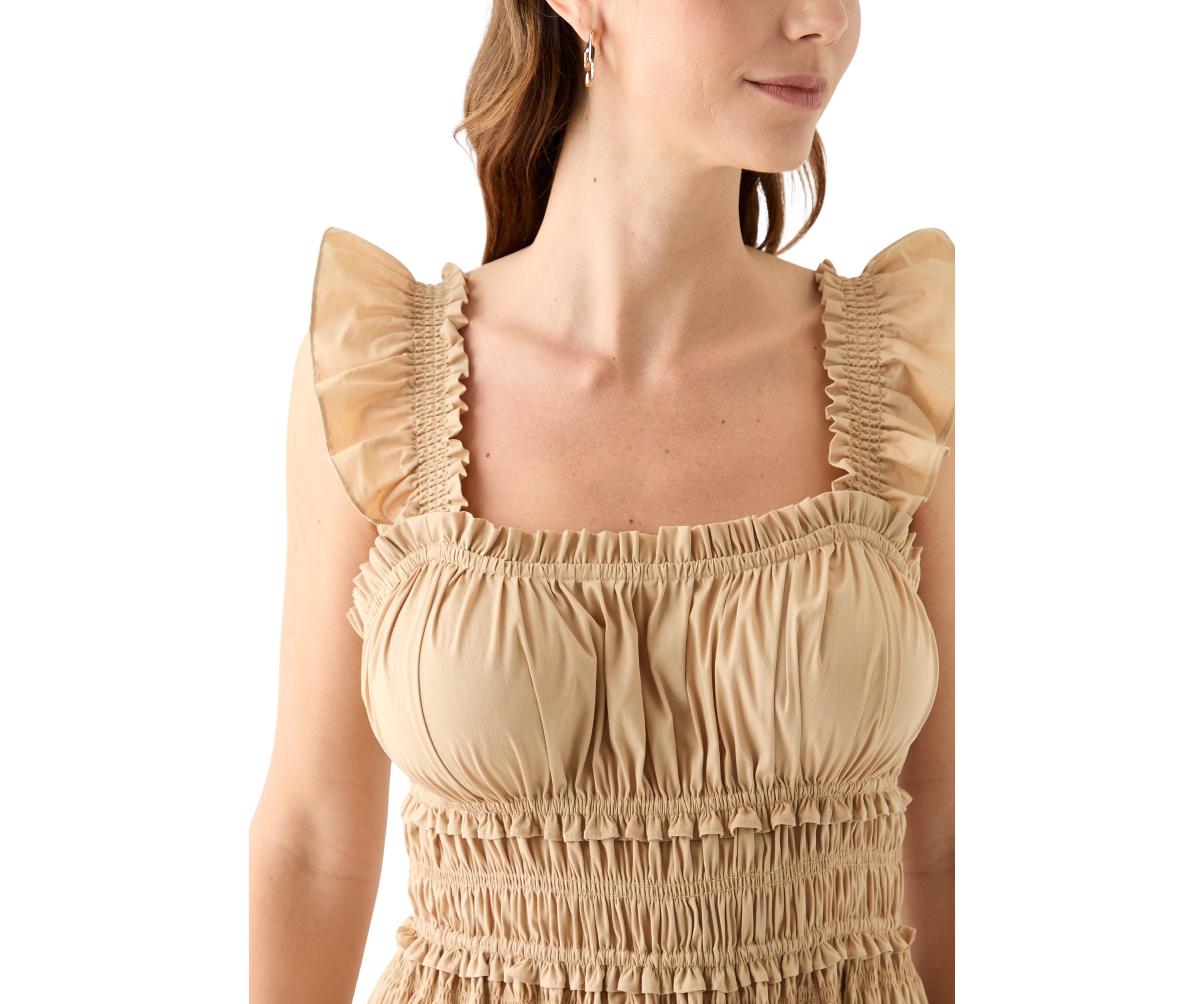 Womens Flutter Sleeve Square Neck Smocked A-Line Dress
