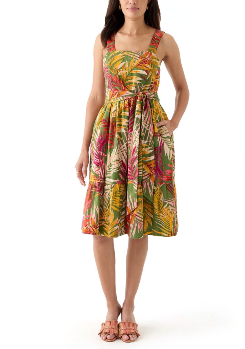 Womens Square Neck Neck Leaf Print Mini Dress 