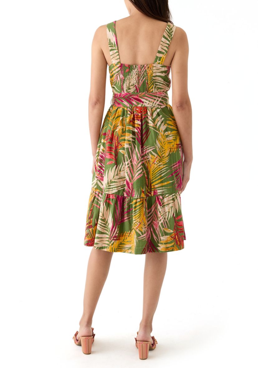 Womens Square Neck Neck Leaf Print Mini Dress 