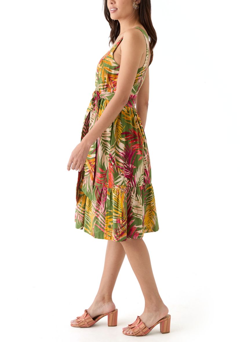 Womens Square Neck Neck Leaf Print Mini Dress 