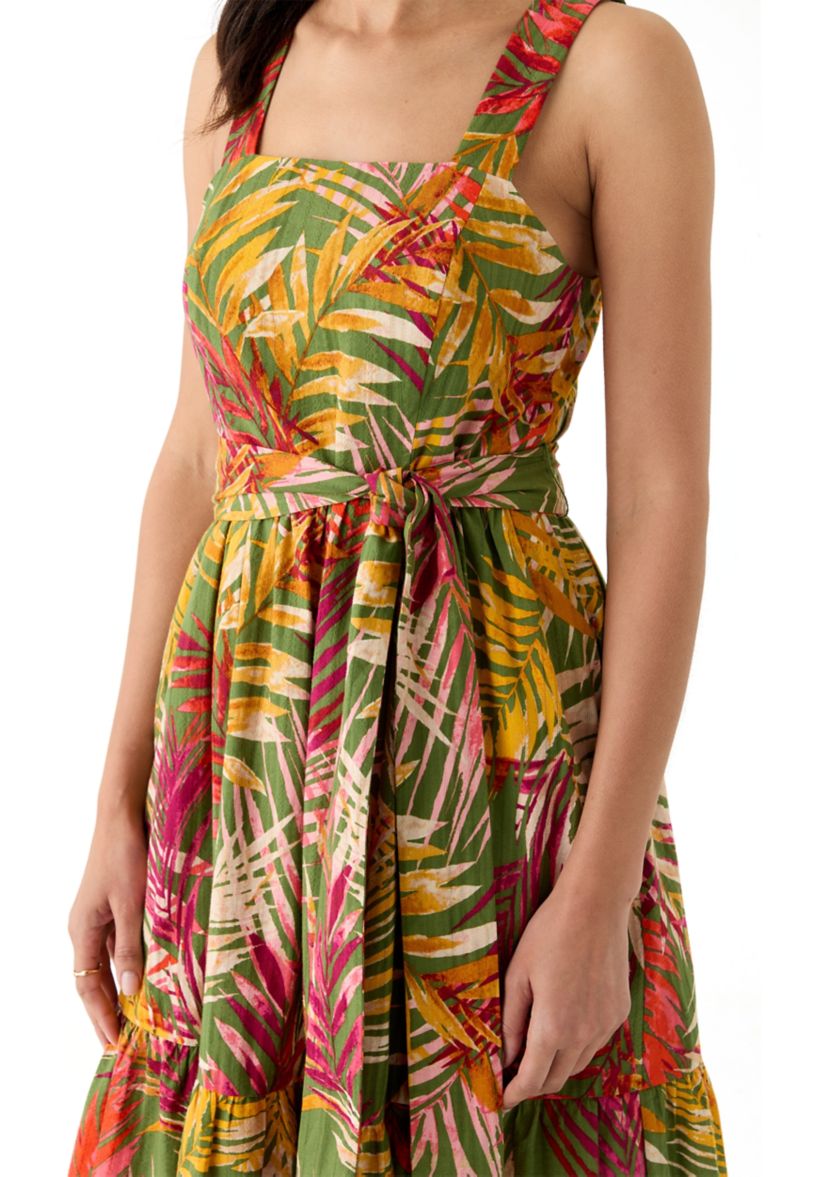Womens Square Neck Neck Leaf Print Mini Dress 