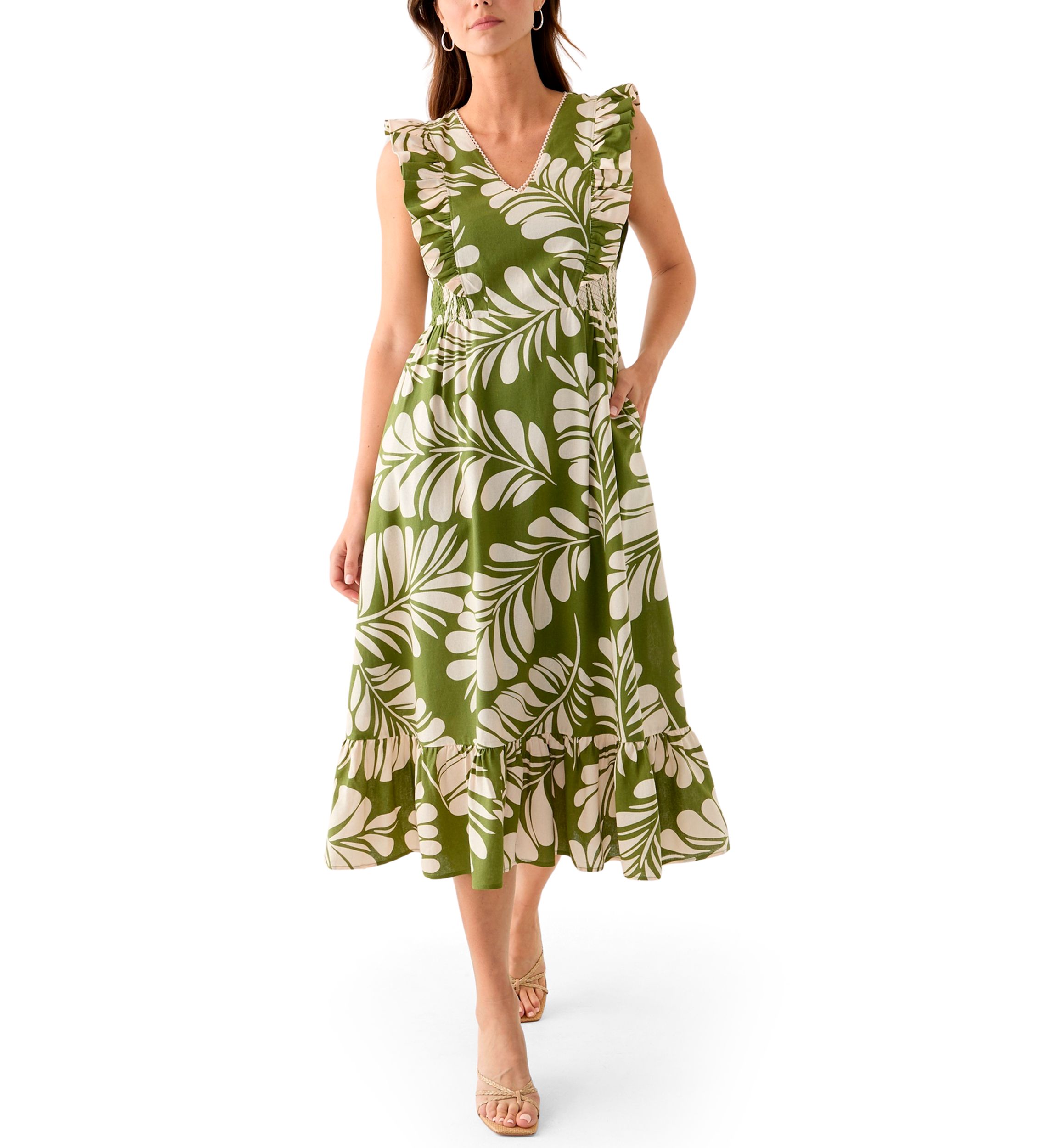 Womens V-Neck Ruffle Sleeve Patio Dress 