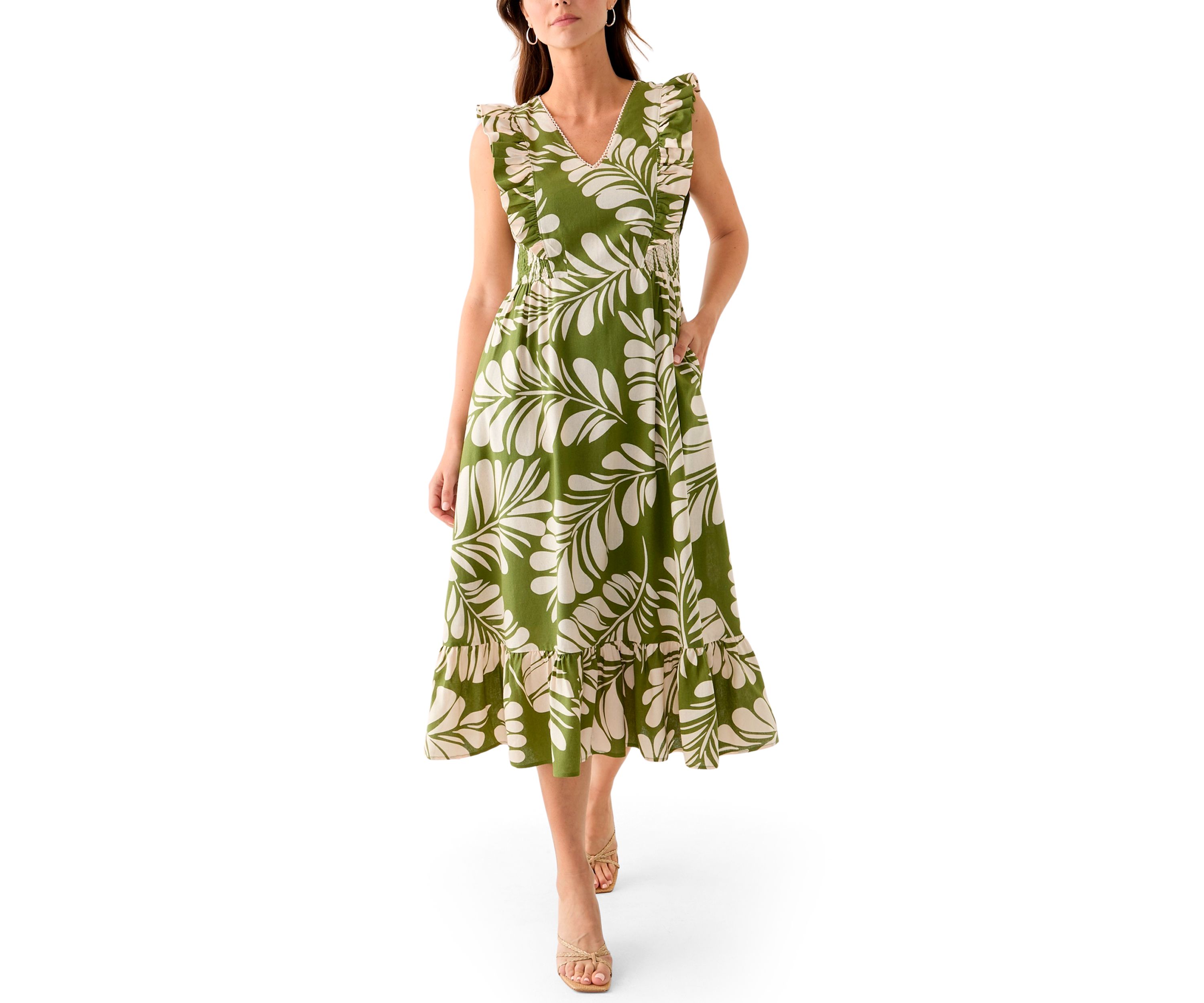 Womens V-Neck Ruffle Sleeve Patio Dress 