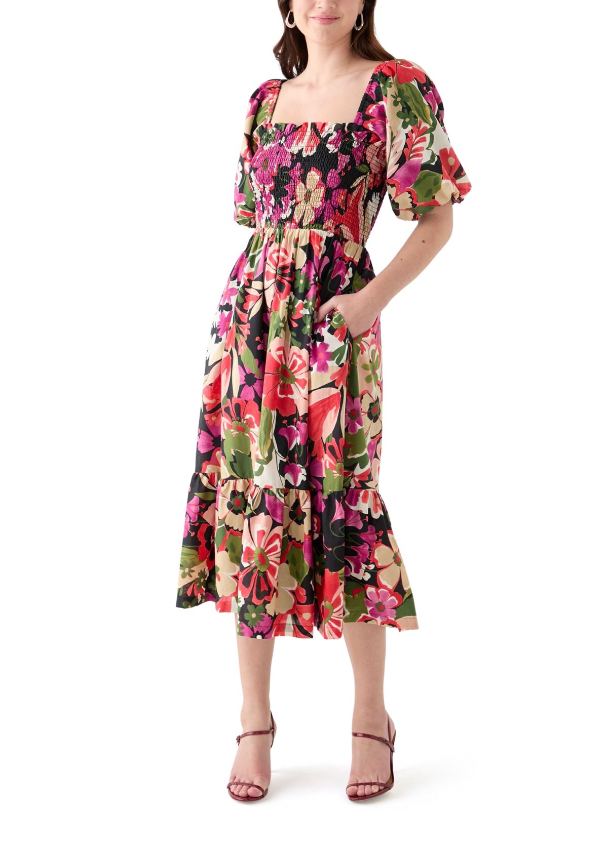 Womens Short Sleeve Square Neck Floral Print A-Line Dress