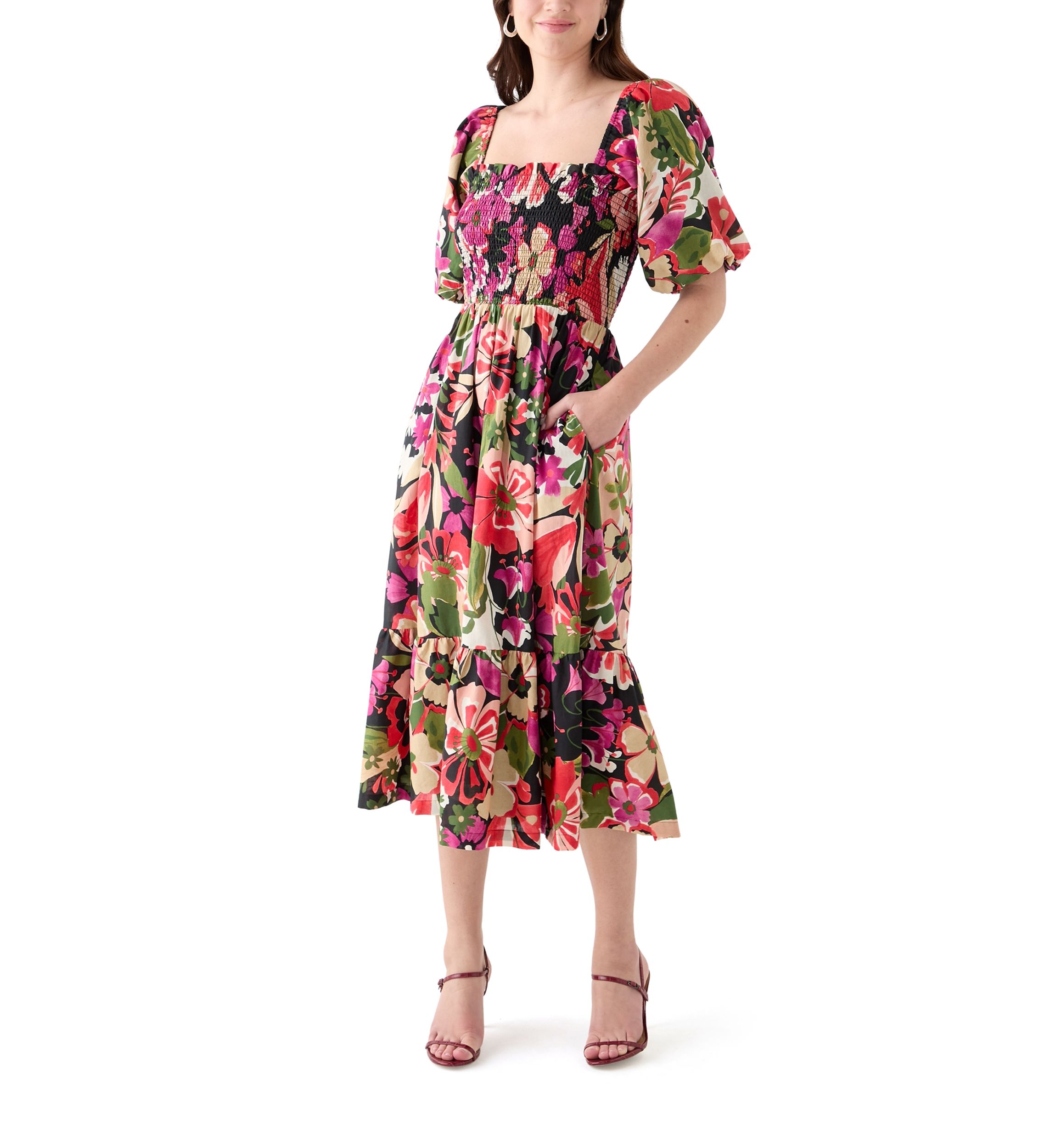 Womens Short Sleeve Square Neck Floral Print A-Line Dress