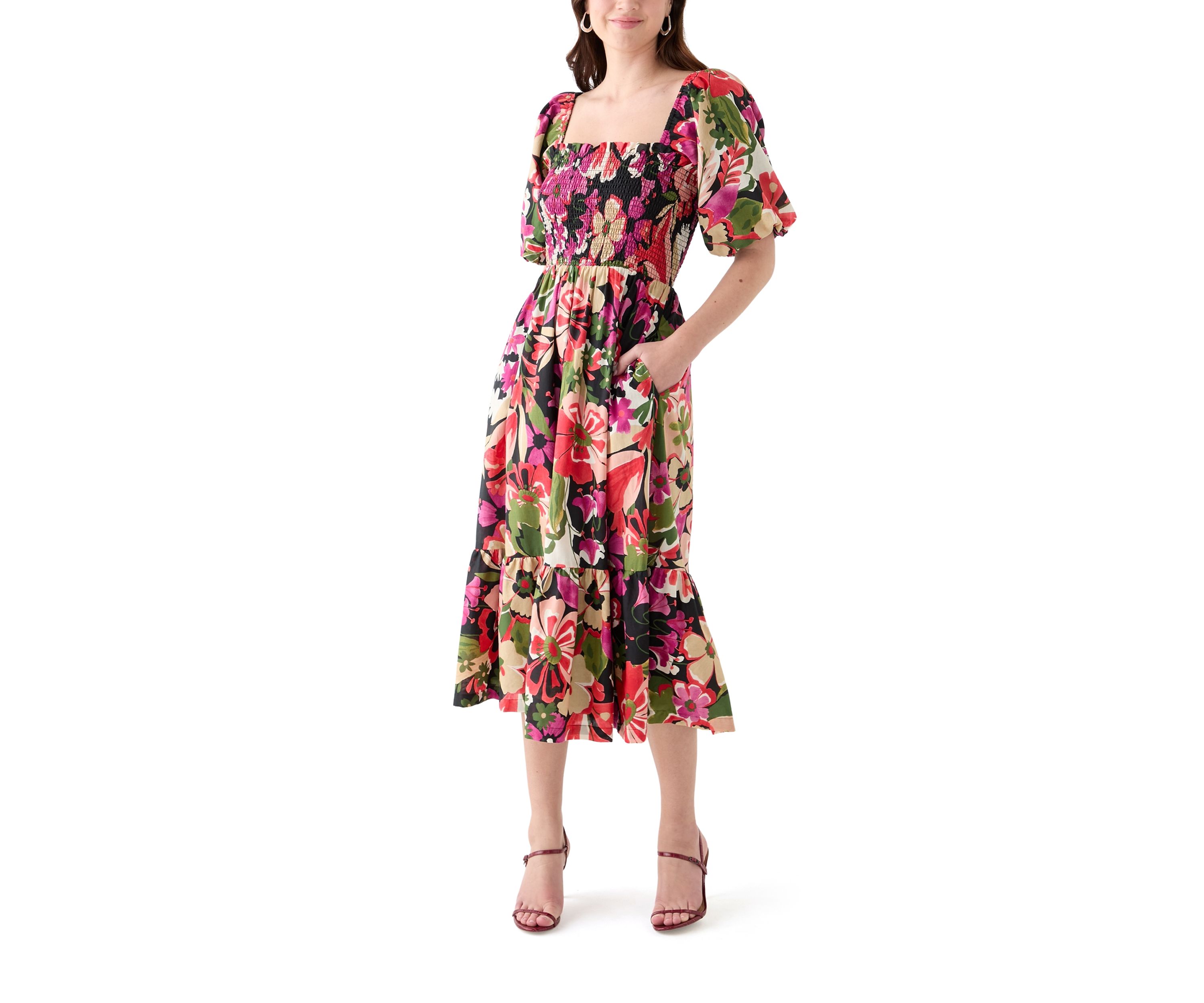 Womens Short Sleeve Square Neck Floral Print A-Line Dress