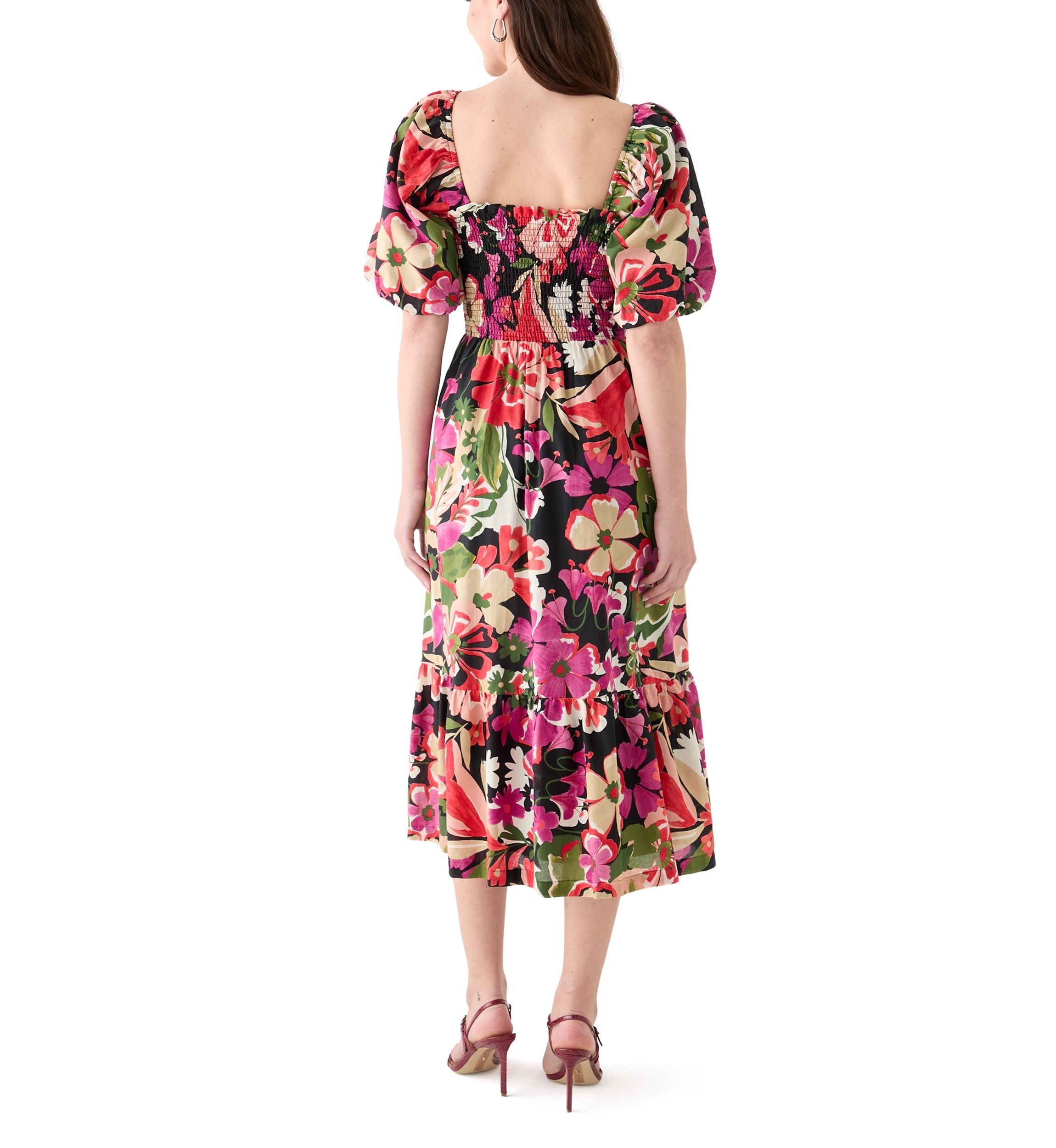 Womens Short Sleeve Square Neck Floral Print A-Line Dress