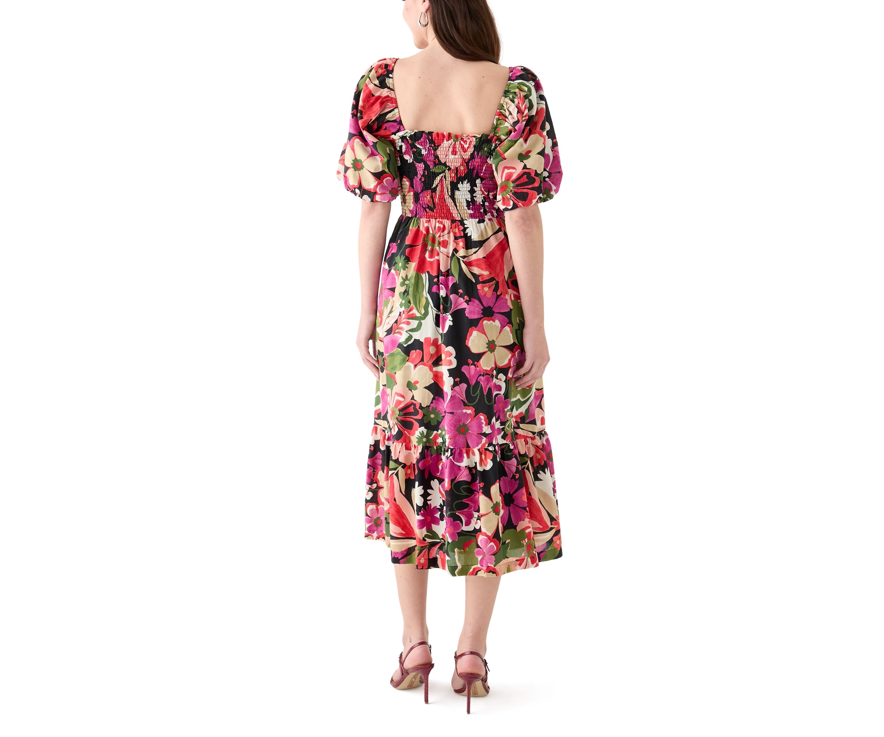Womens Short Sleeve Square Neck Floral Print A-Line Dress