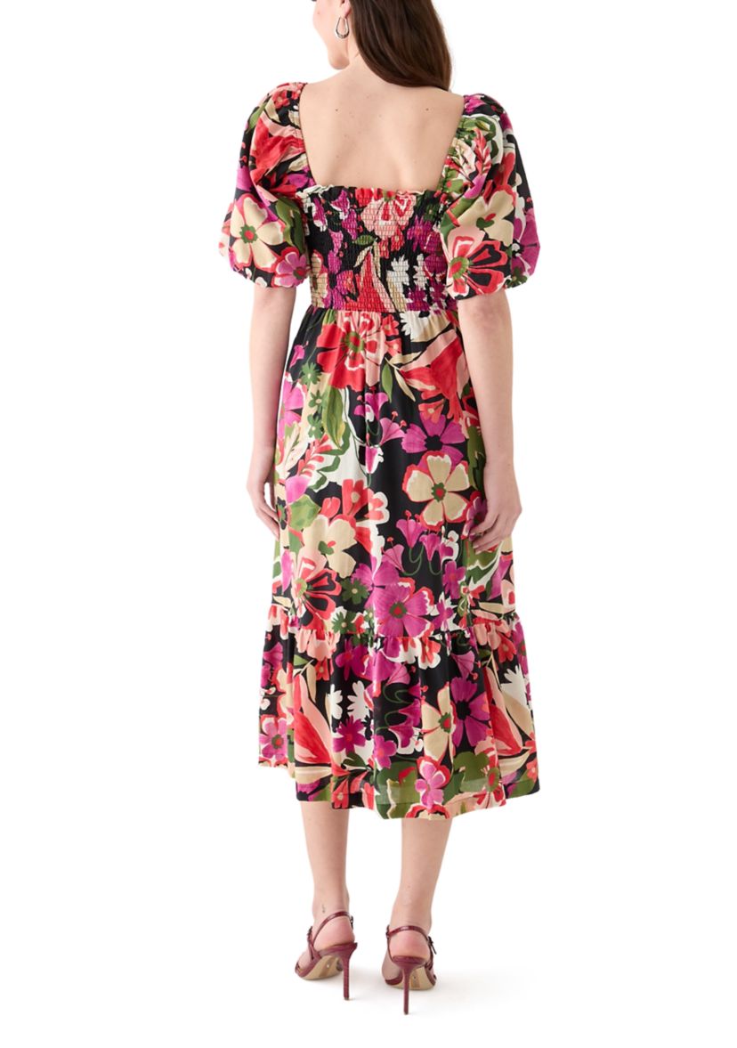 Womens Short Sleeve Square Neck Floral Print A-Line Dress