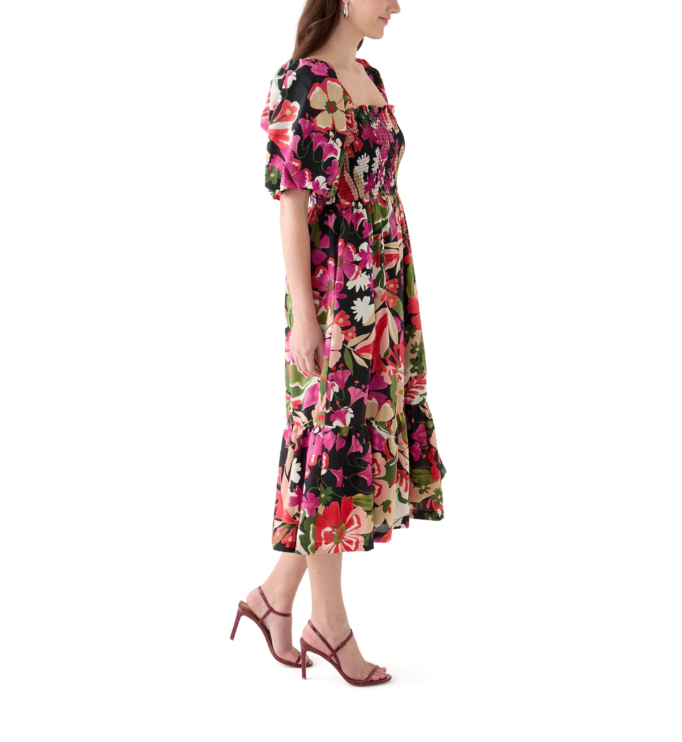 Womens Short Sleeve Square Neck Floral Print A-Line Dress