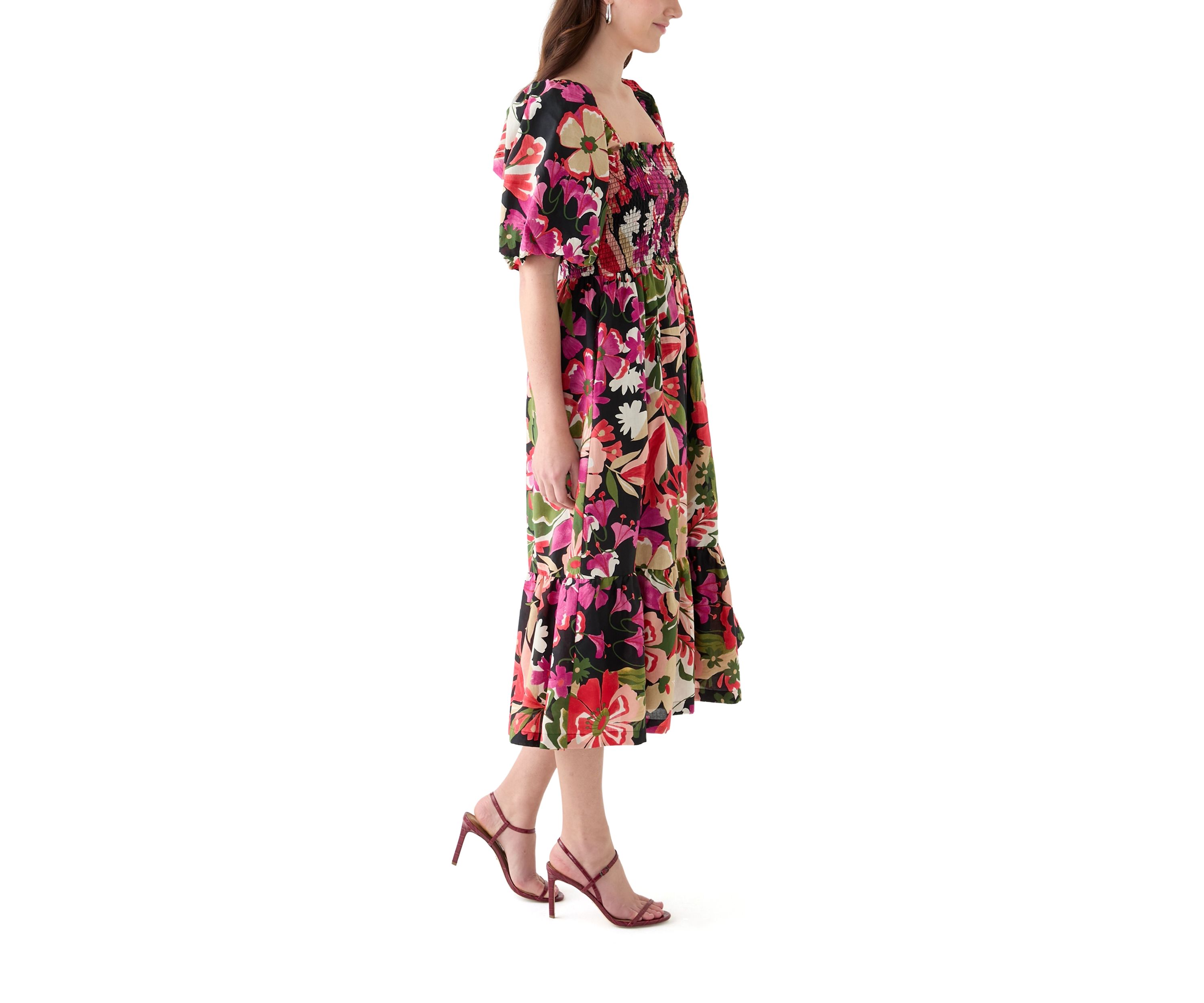 Womens Short Sleeve Square Neck Floral Print A-Line Dress