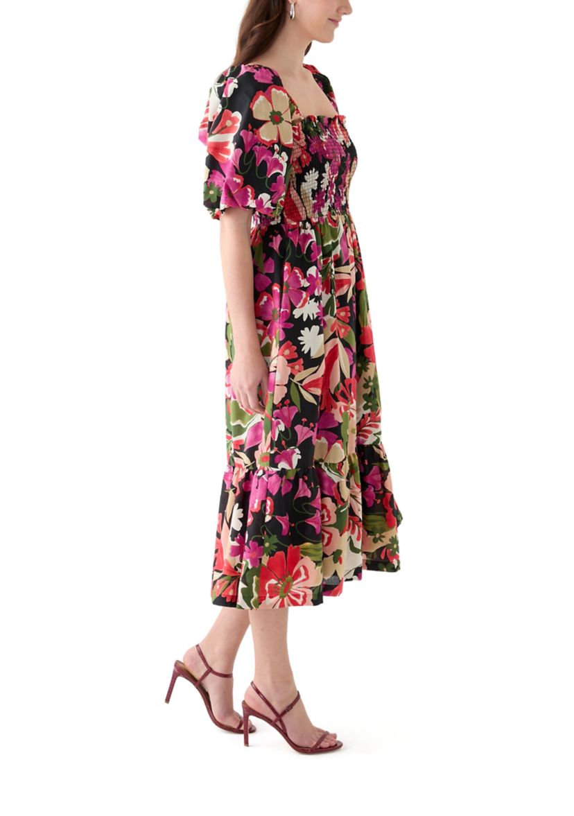 Womens Short Sleeve Square Neck Floral Print A-Line Dress