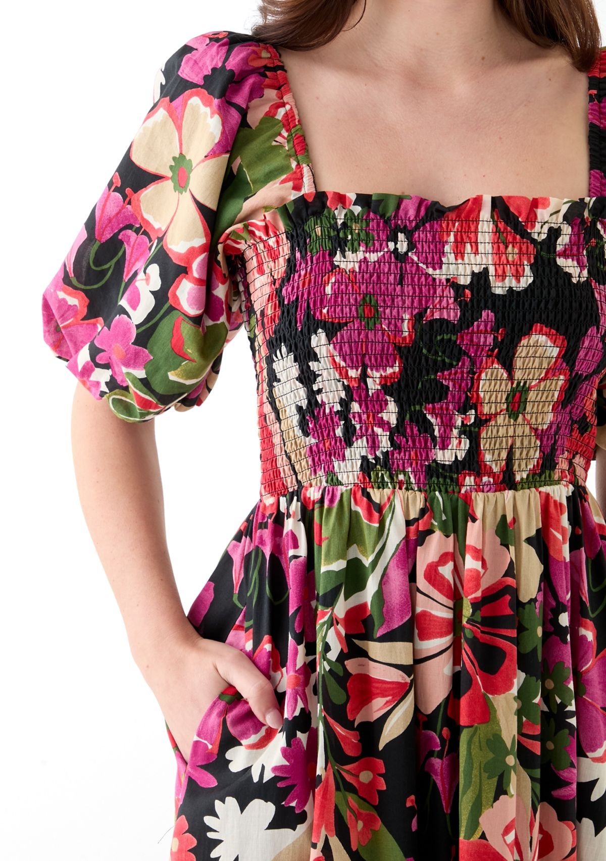 Womens Short Sleeve Square Neck Floral Print A-Line Dress