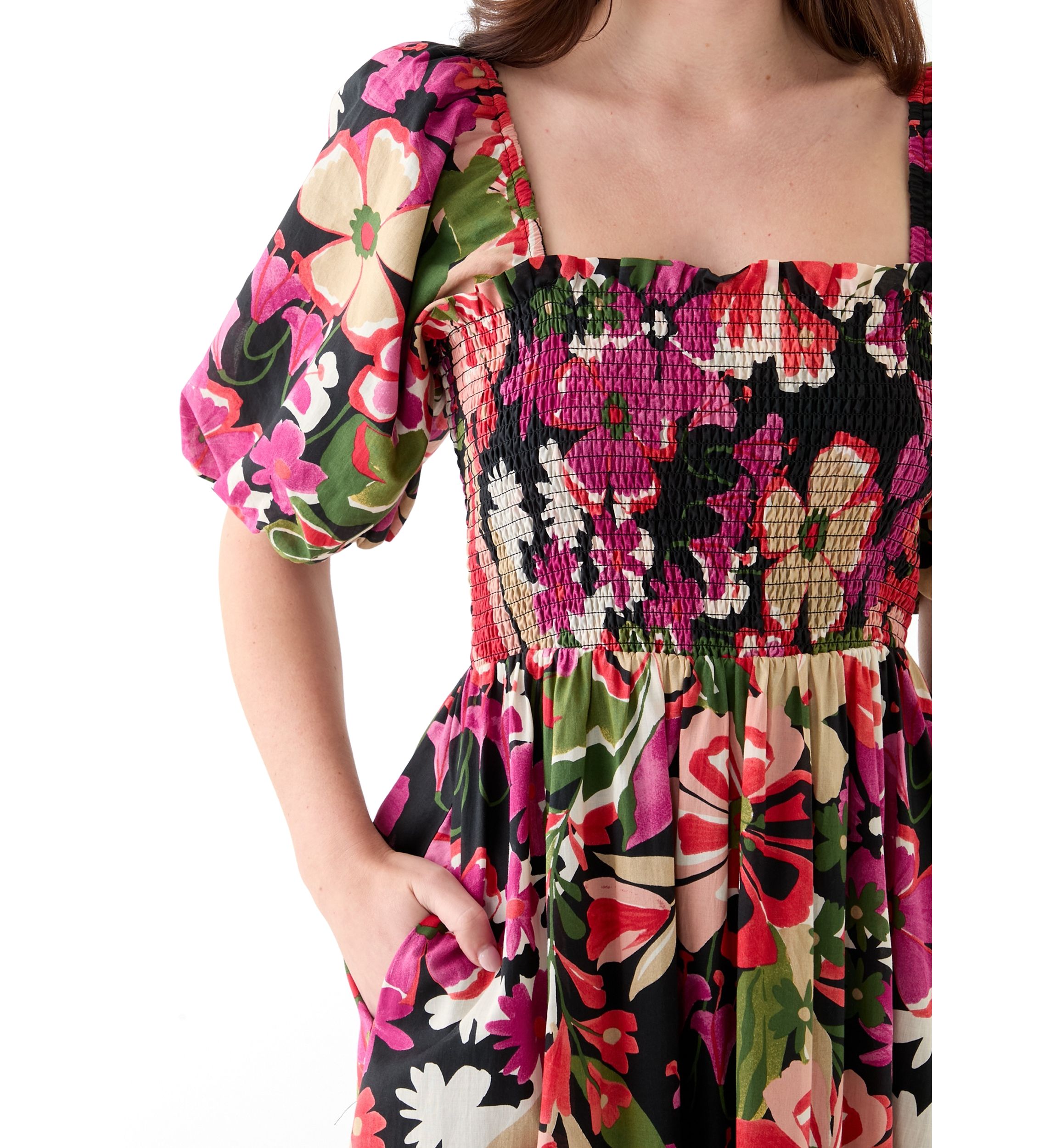 Womens Short Sleeve Square Neck Floral Print A-Line Dress
