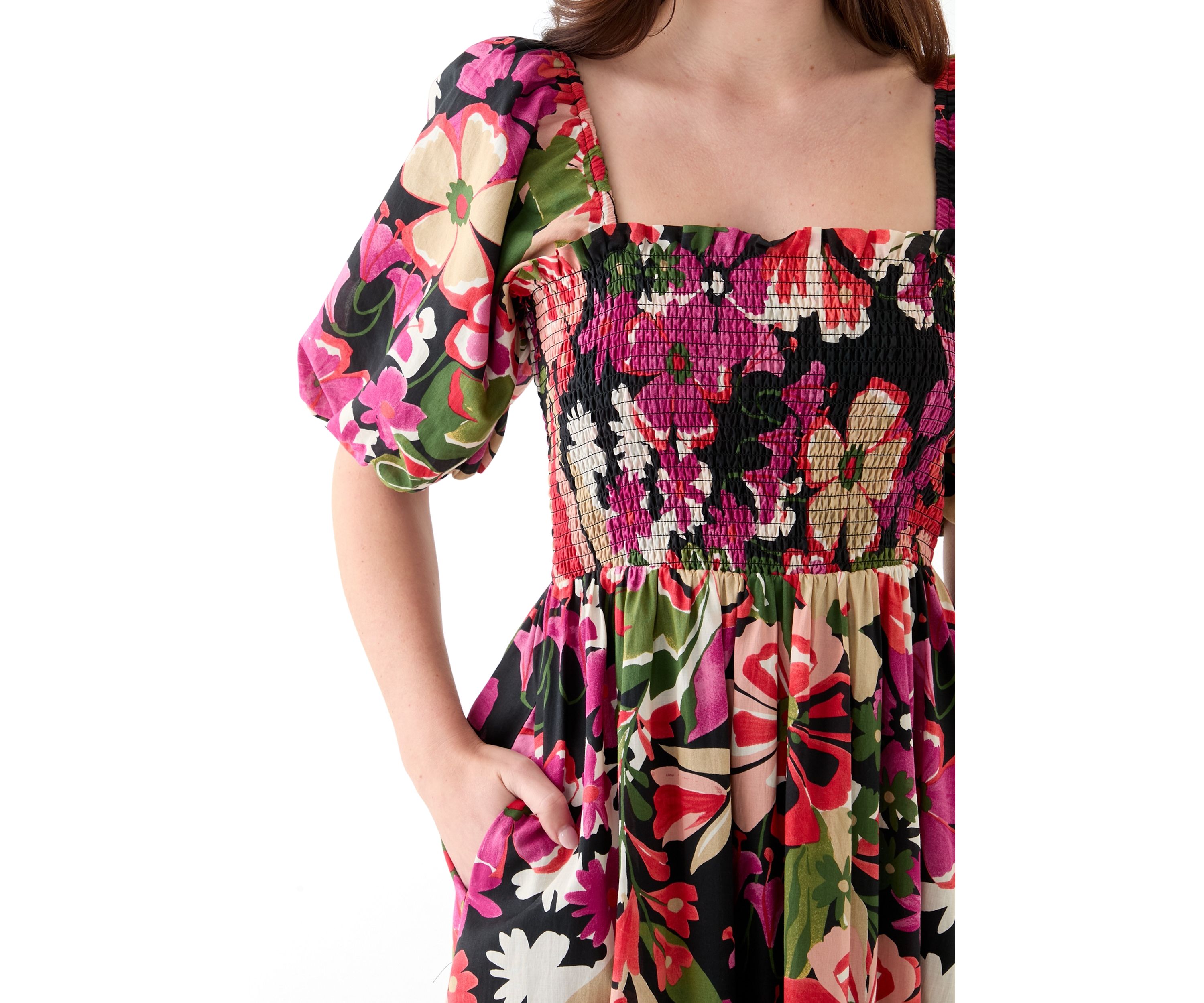 Womens Short Sleeve Square Neck Floral Print A-Line Dress
