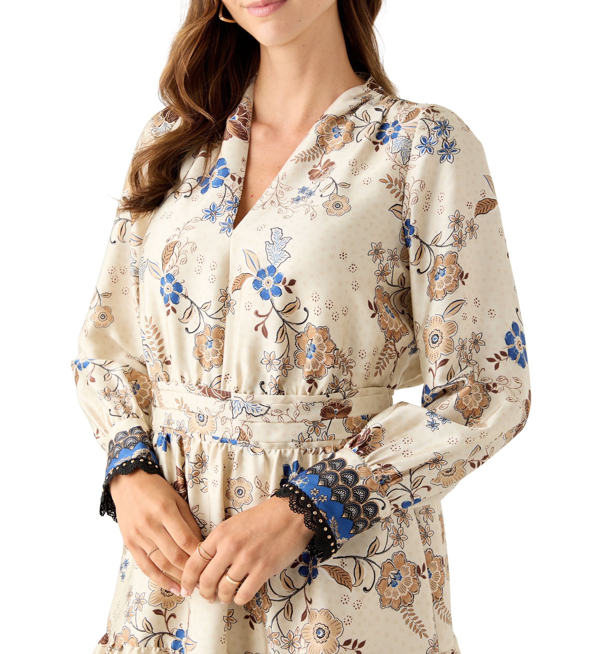 Womens Soft V-Neck Tiered Printed Short Dress
