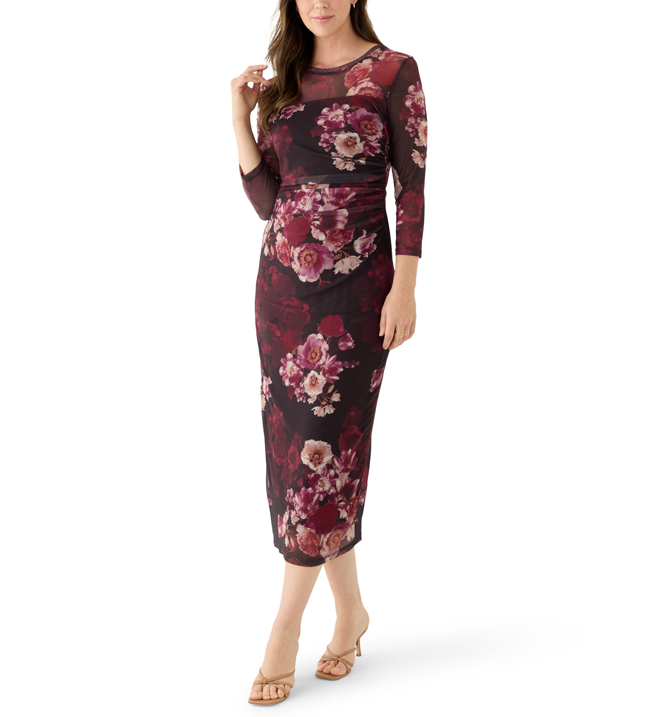 Womens Side Ruched Printed Midi Dress