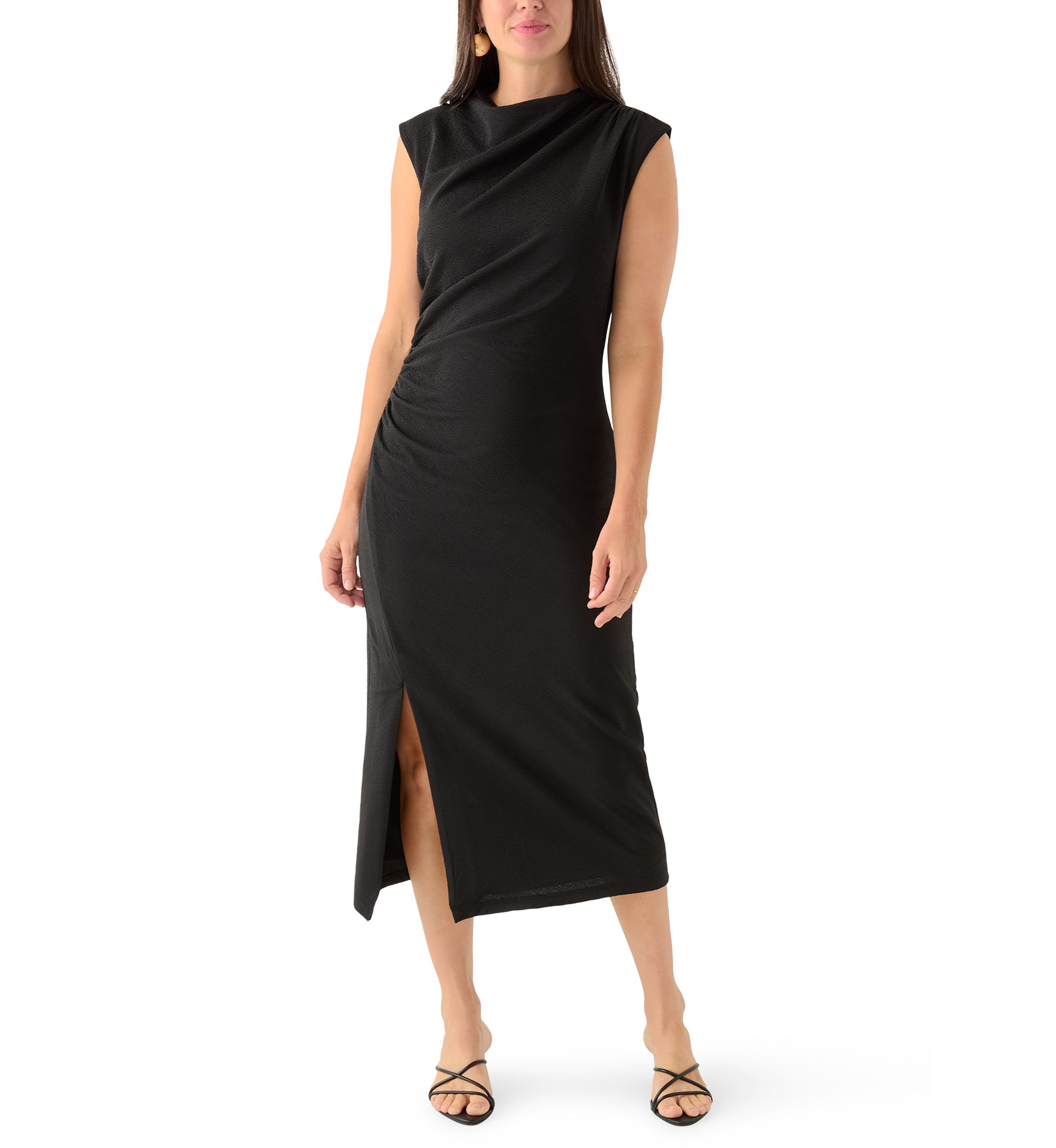 Womens Sleeveless Draped Neck Midi Dress