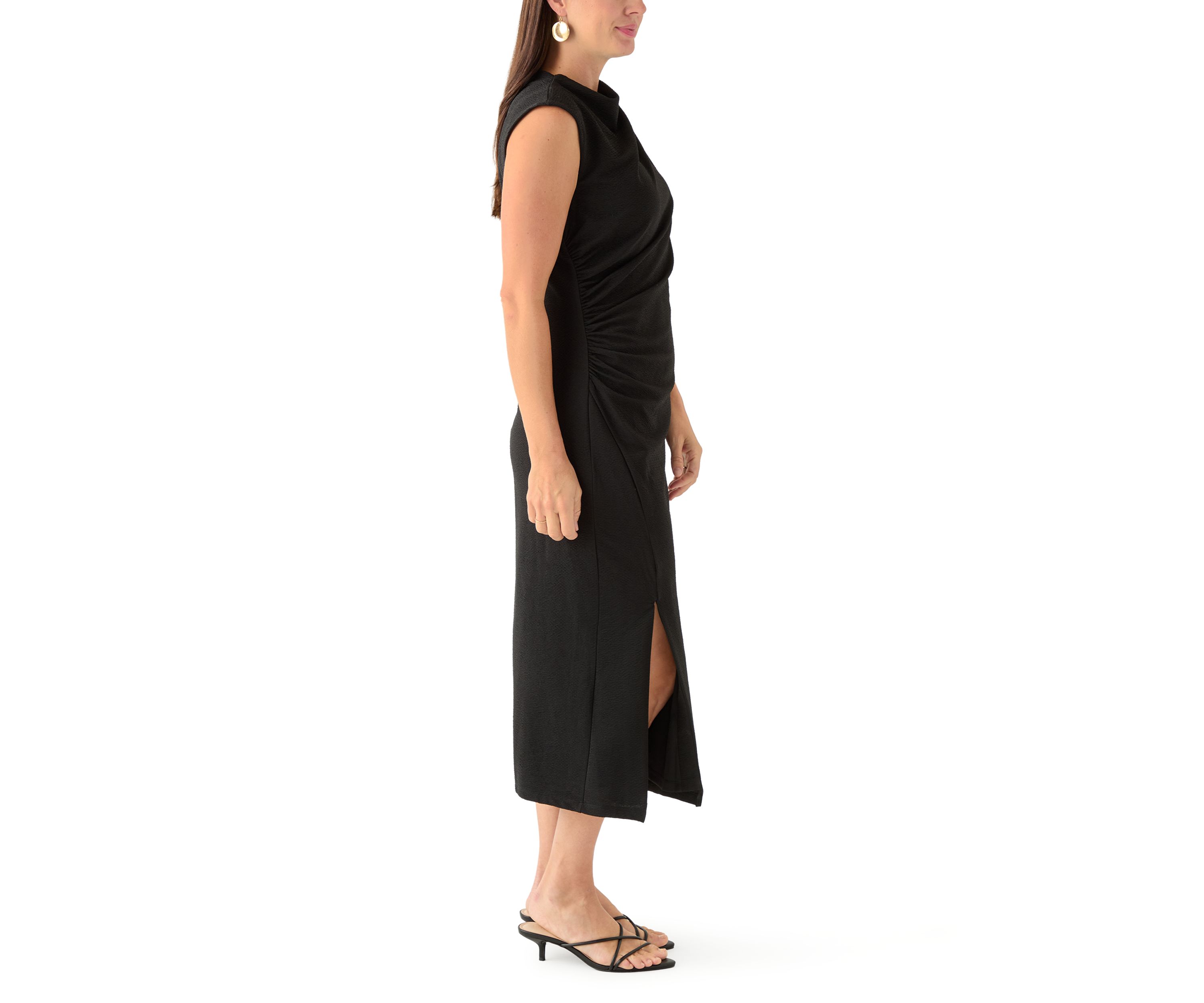 Womens Sleeveless Draped Neck Midi Dress