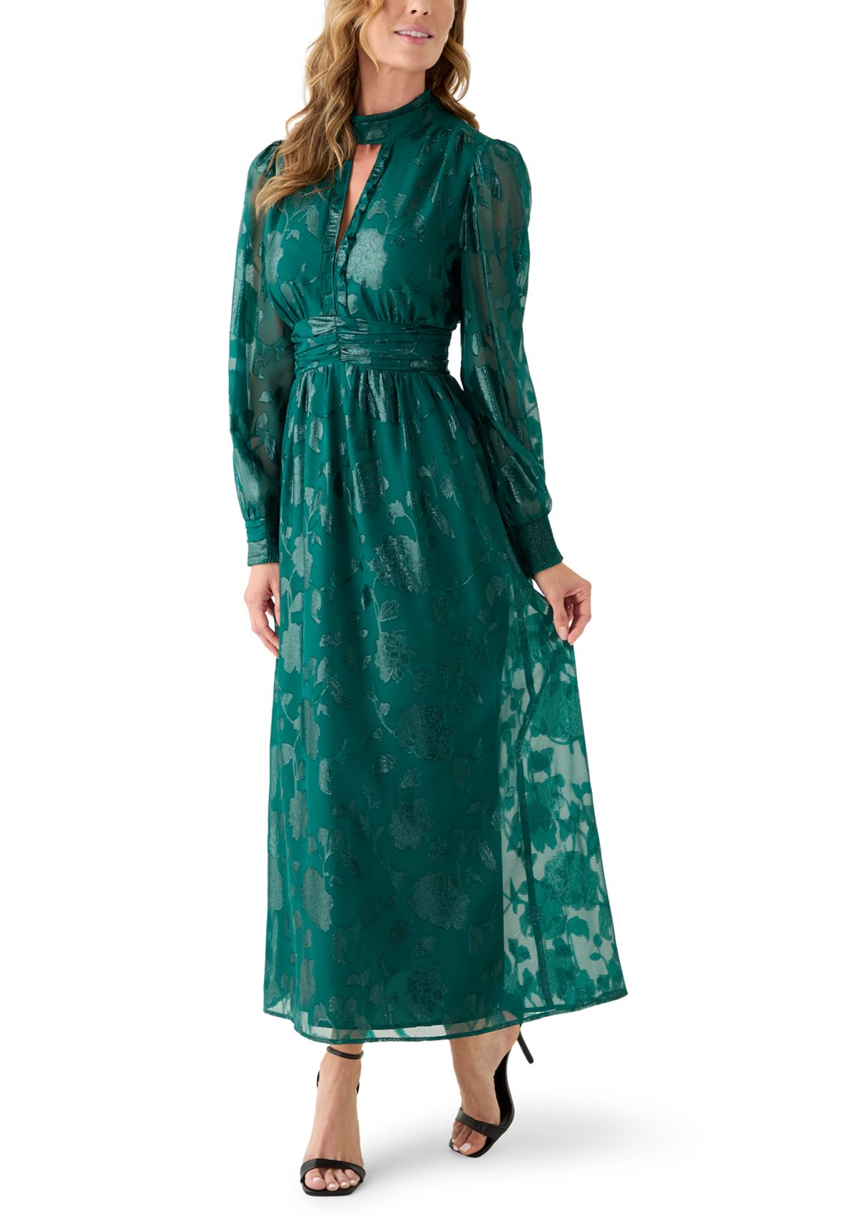 Womens Ruched Split-Neck Midi Dress 
