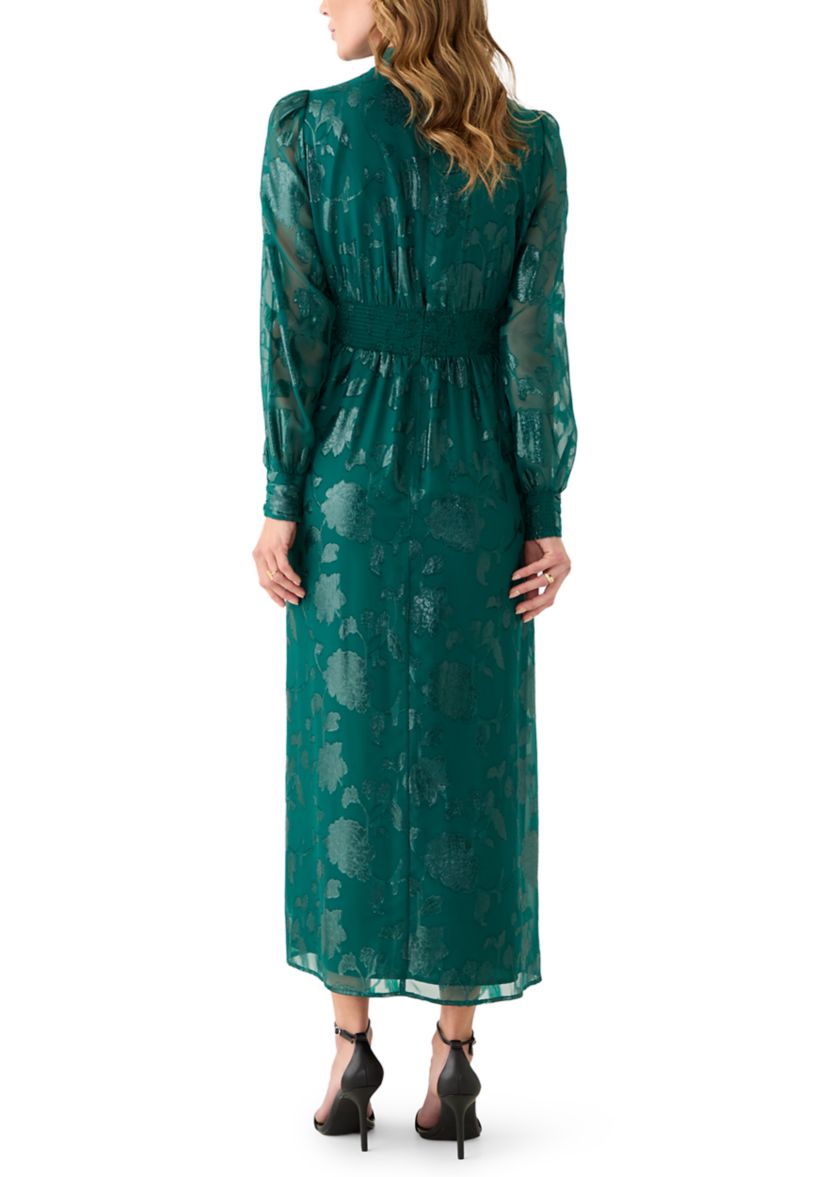 Womens Ruched Split-Neck Midi Dress 