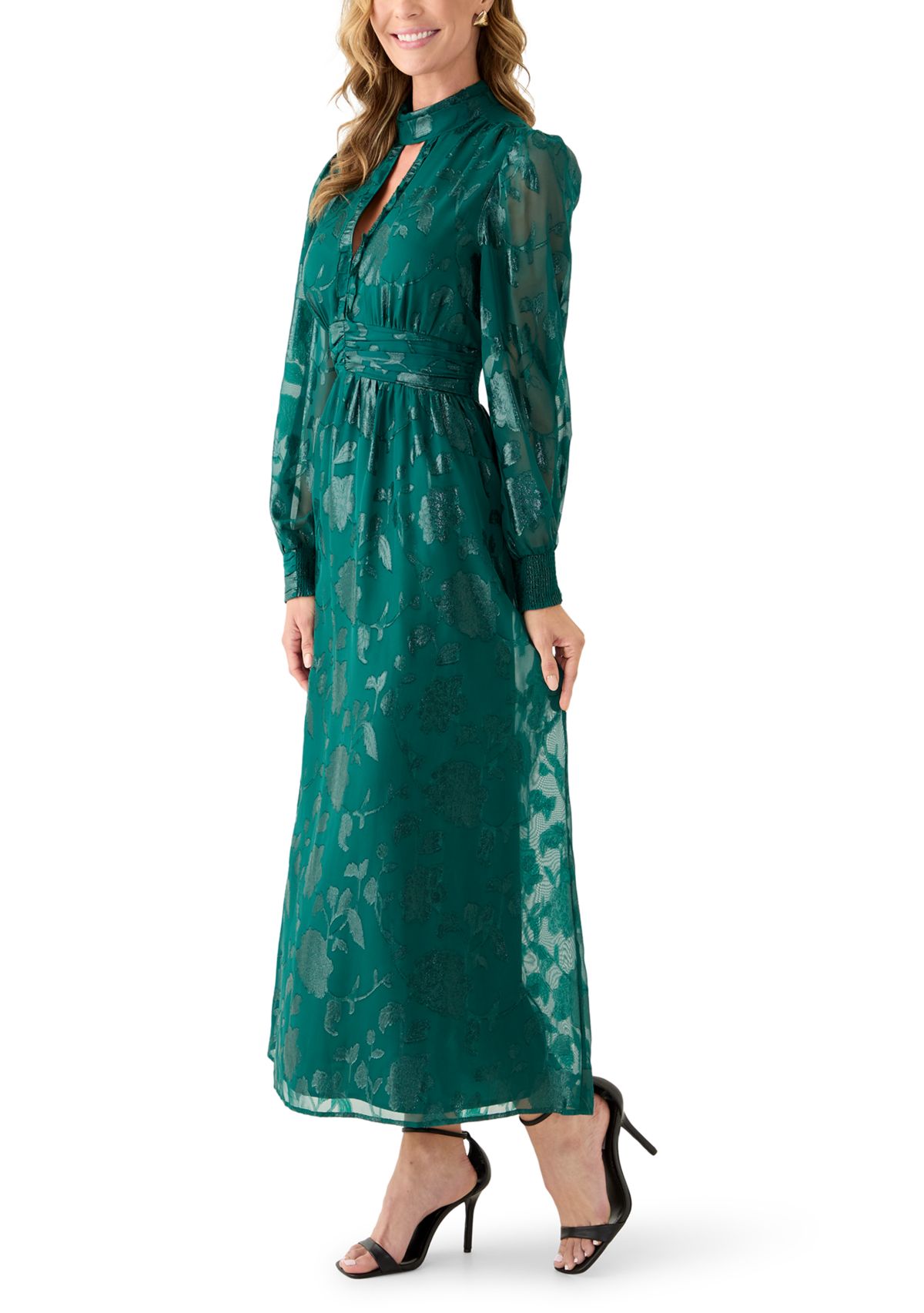Womens Ruched Split-Neck Midi Dress 